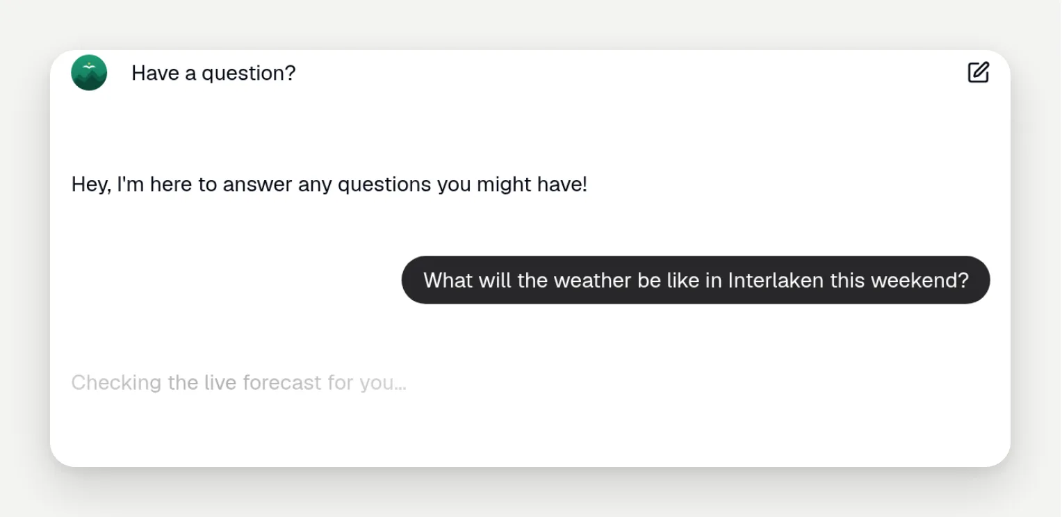 The website widget mid-call, showing the visitor's question and the custom thinking message "Checking the live forecast for you..."