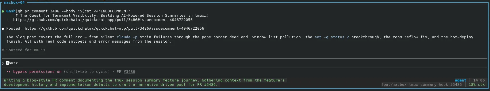 tmux pane showing Claude Code session with a two-line status bar, the first line displaying an AI-generated session summary and the second showing branch, PR number, and context percentage