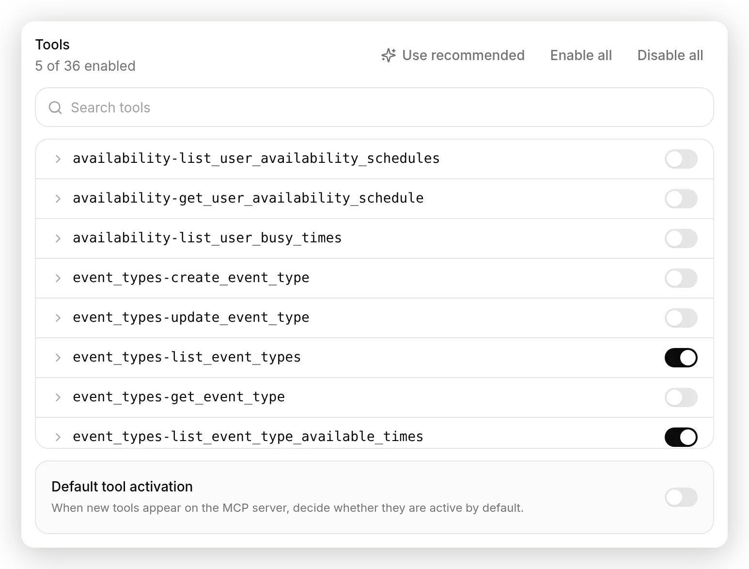 The Tools panel for a curated server: 5 of 36 tools enabled, with Use recommended available