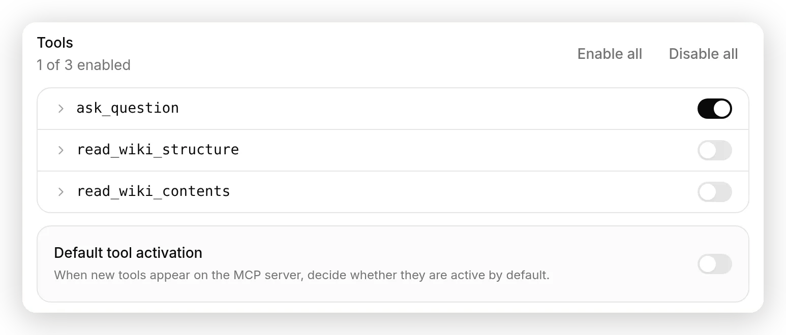 The Tools panel for DeepWiki: one of three tools enabled, and Default tool activation switched off