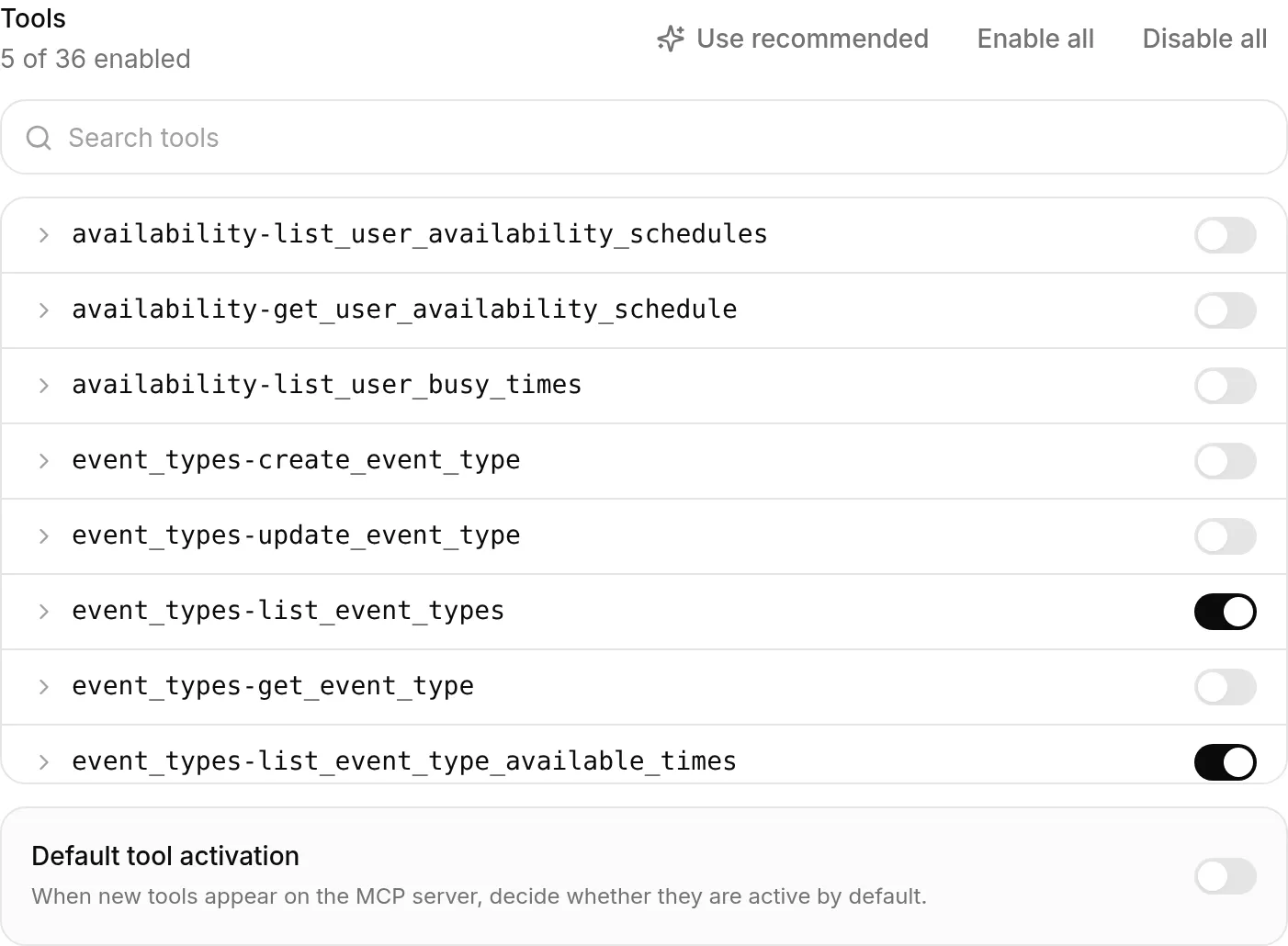 The Tools panel showing 5 of 36 enabled, with availability and event-type administration tools switched off, and Default tool activation off