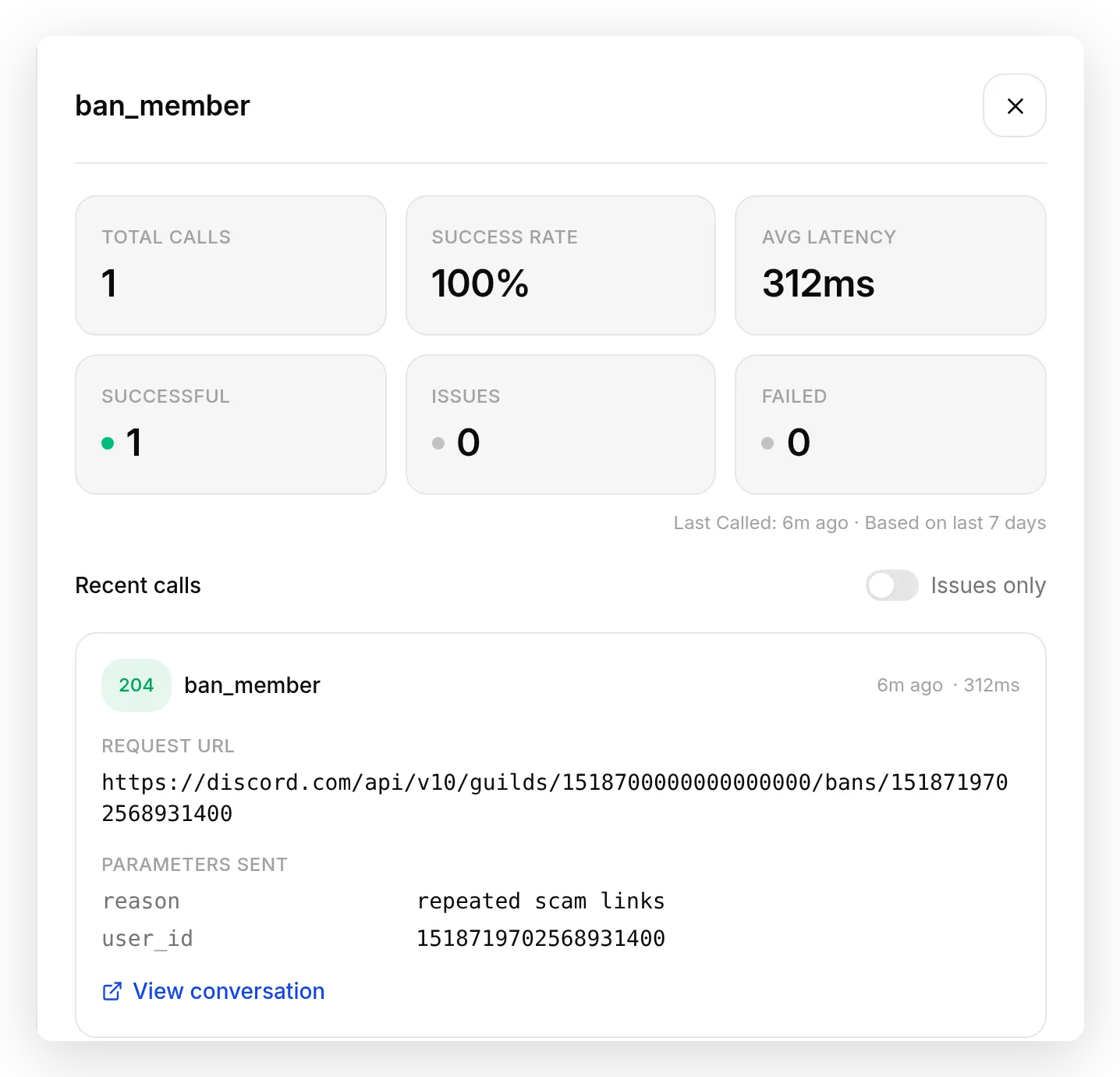 The ban_member call log showing one successful call after the confirmation