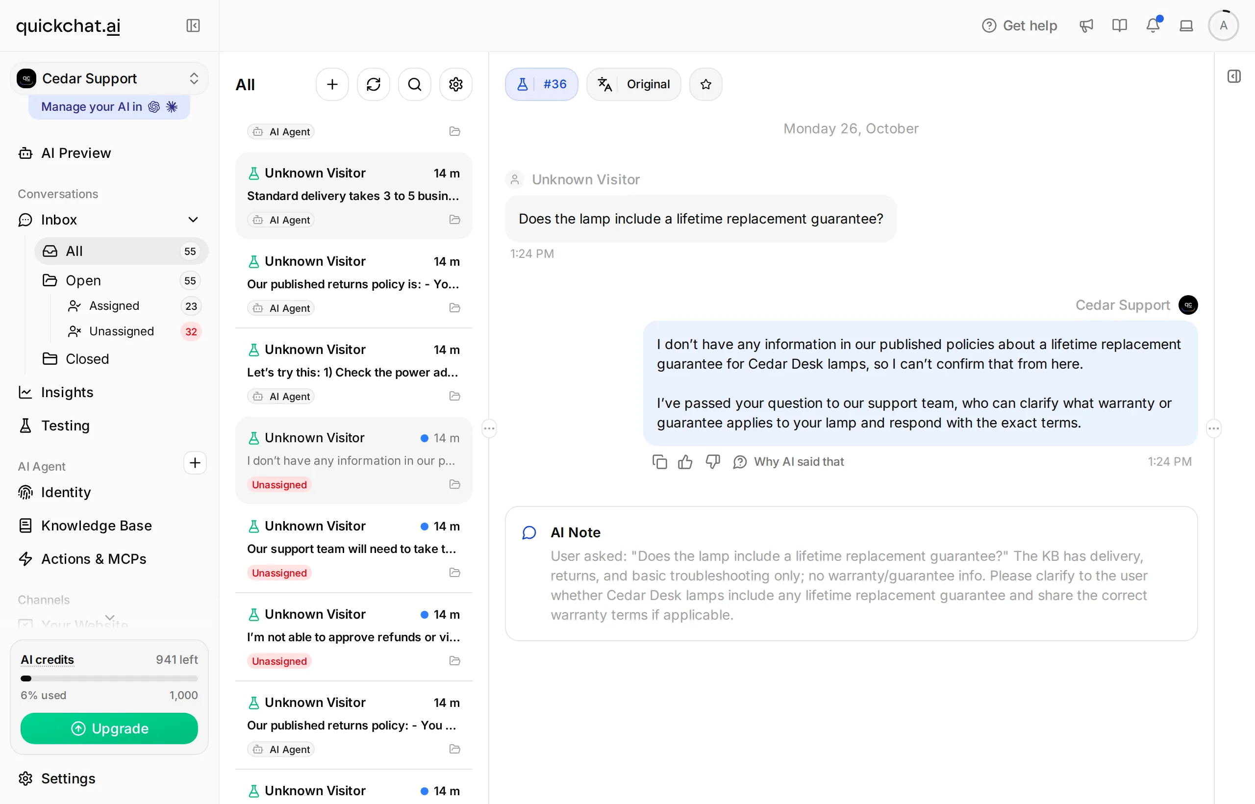 The same warranty question after the prompt change, now in Unassigned with an AI summary