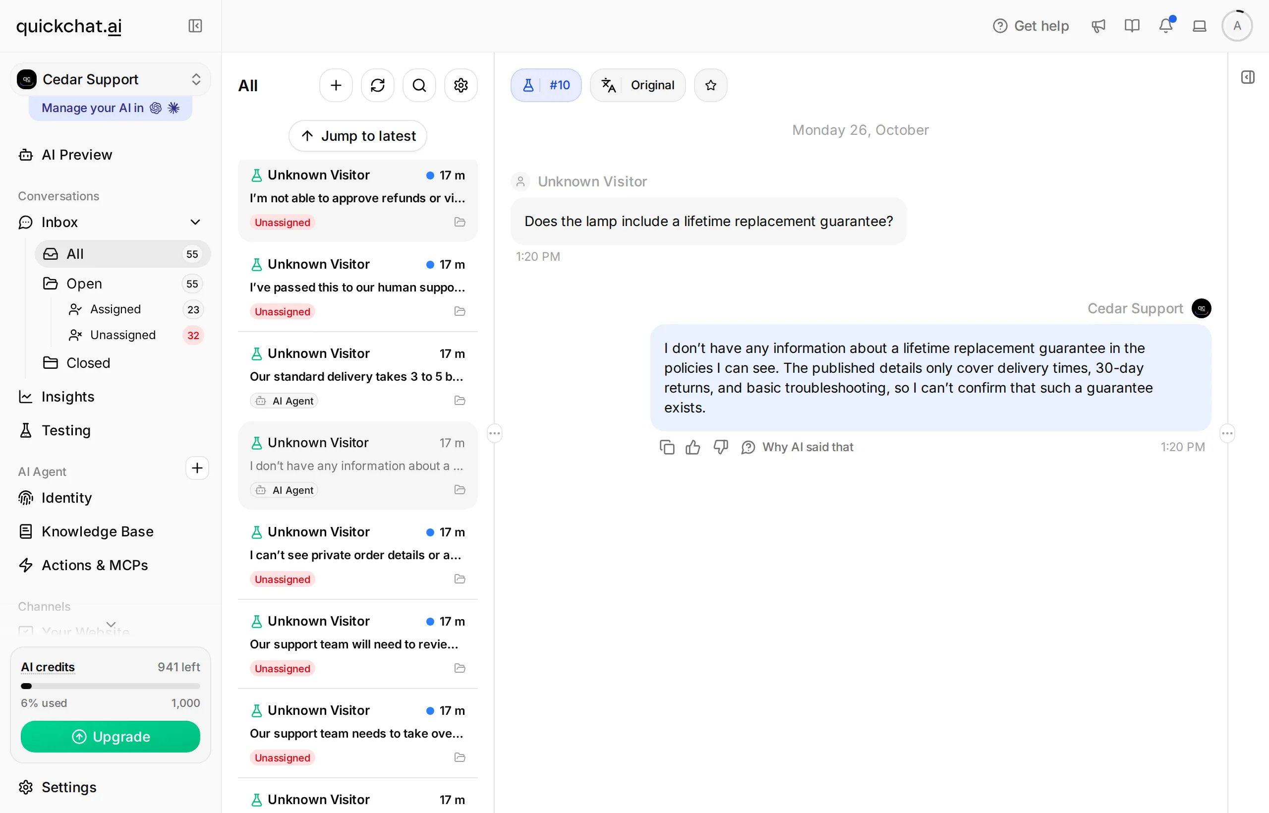 Baseline warranty conversation showing an accurate knowledge limitation with AI Agent still assigned