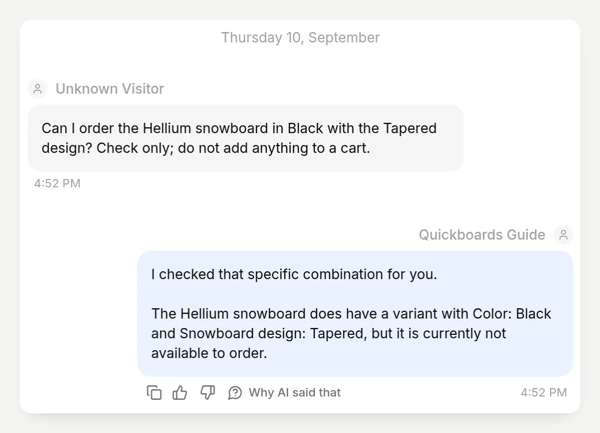 The real agent reply saying the Hellium Black and Tapered variant exists but is unavailable to order