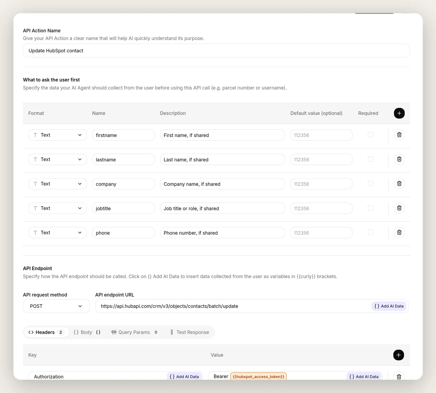 The Update HubSpot contact action, keyed on the hubspot_contact_id from memory, gated to run only when that id exists, with the response hidden