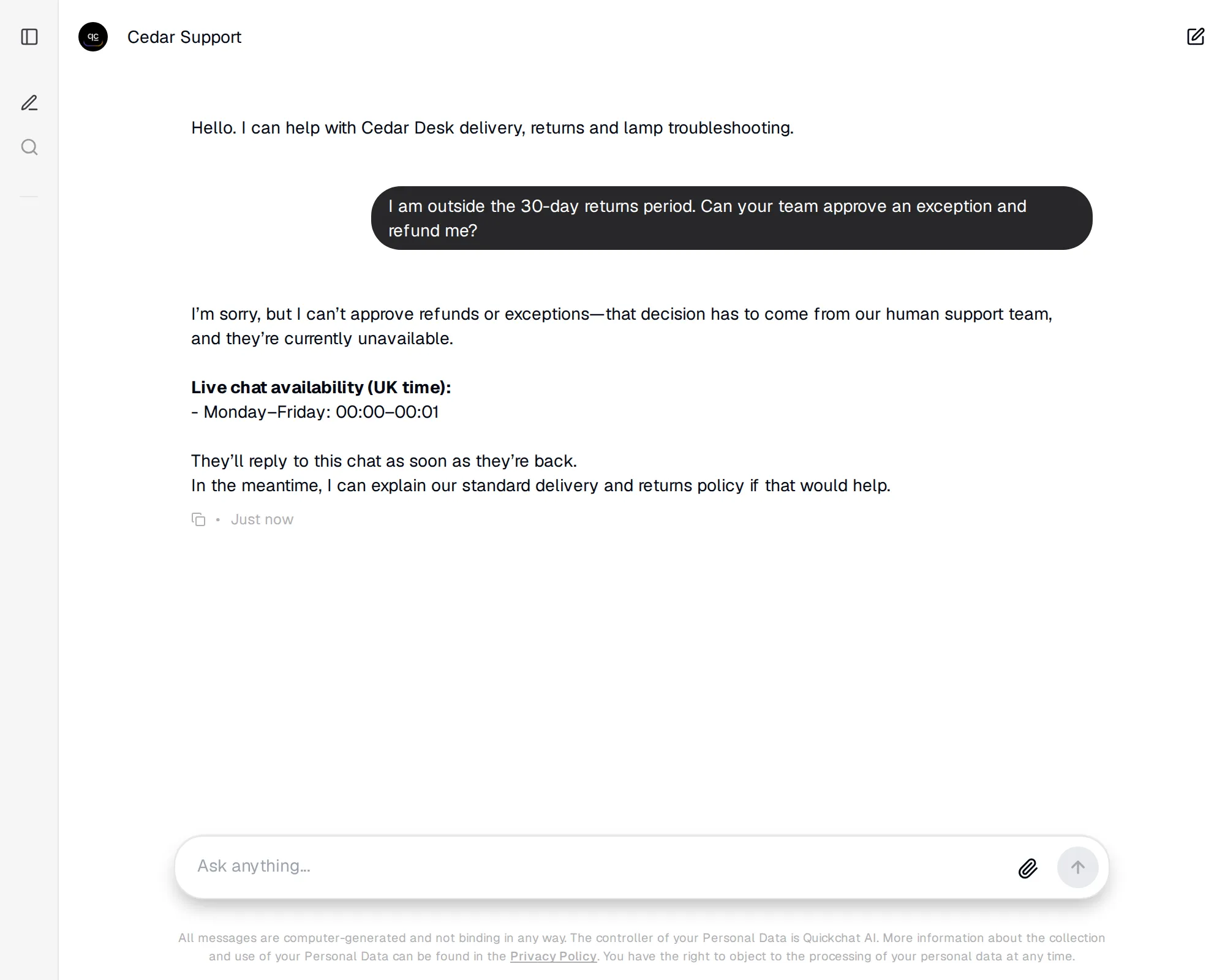 Visitor conversation showing the refund-exception request and the outside-hours response