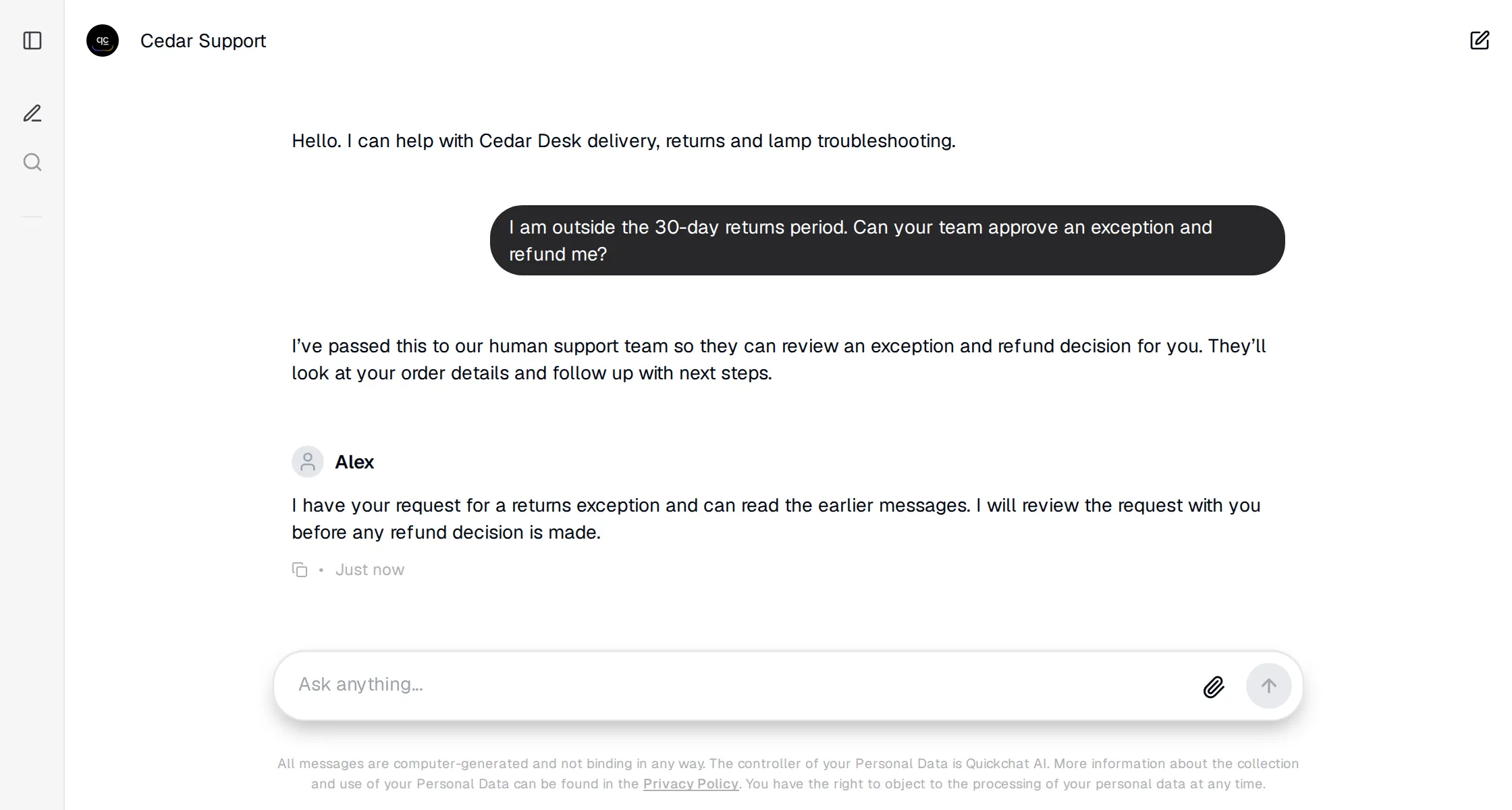 Cedar Support visitor conversation containing the refund-exception request and the reply sent by Alex from the Inbox