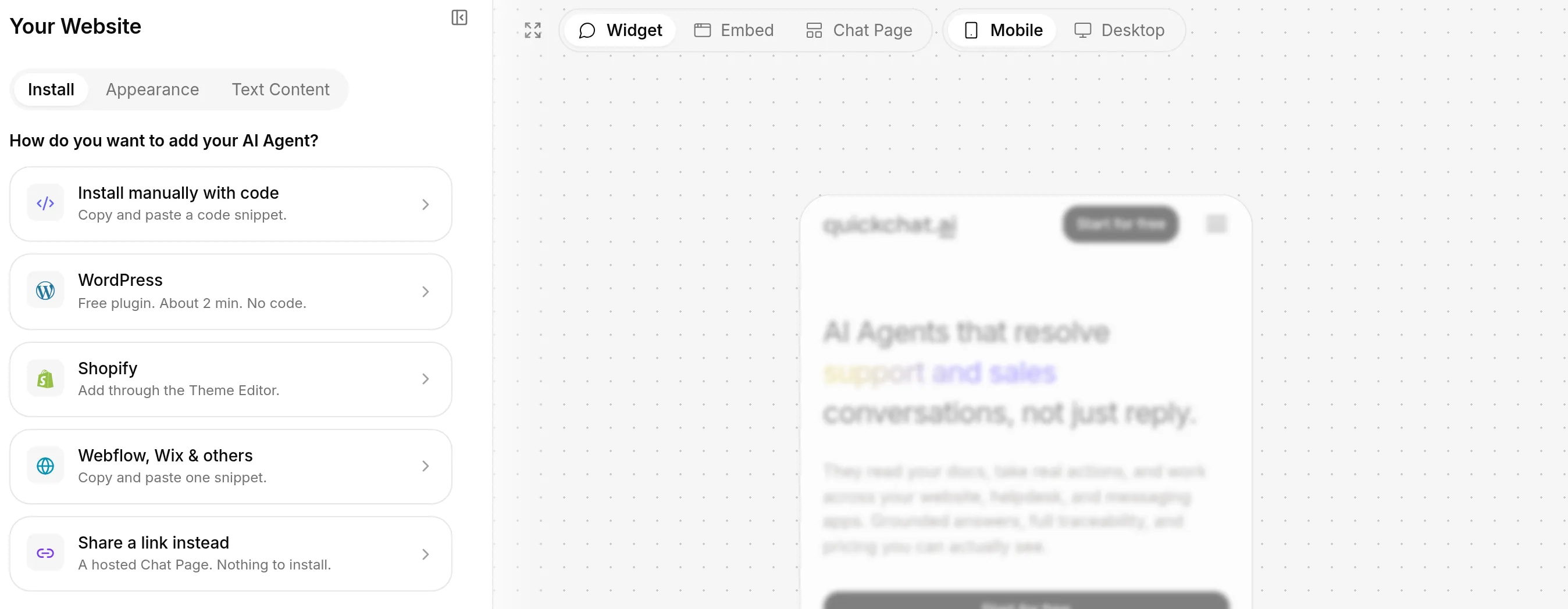 The Your Website page: install manually with code, WordPress, Shopify, Webflow and Wix options, or share a hosted Chat Page link instead