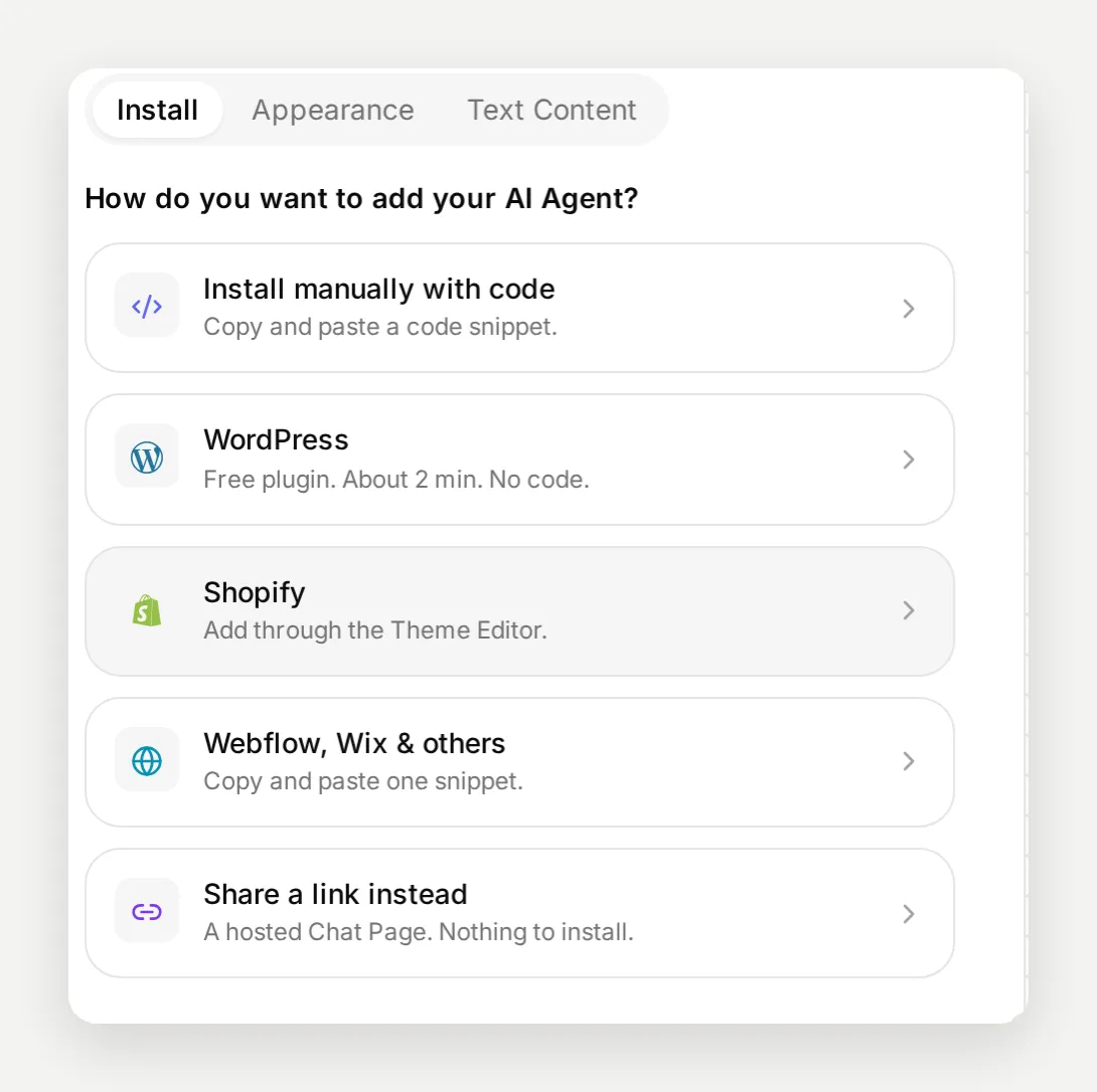 The install options: manual code, WordPress, Shopify, Webflow, and a hosted chat page link