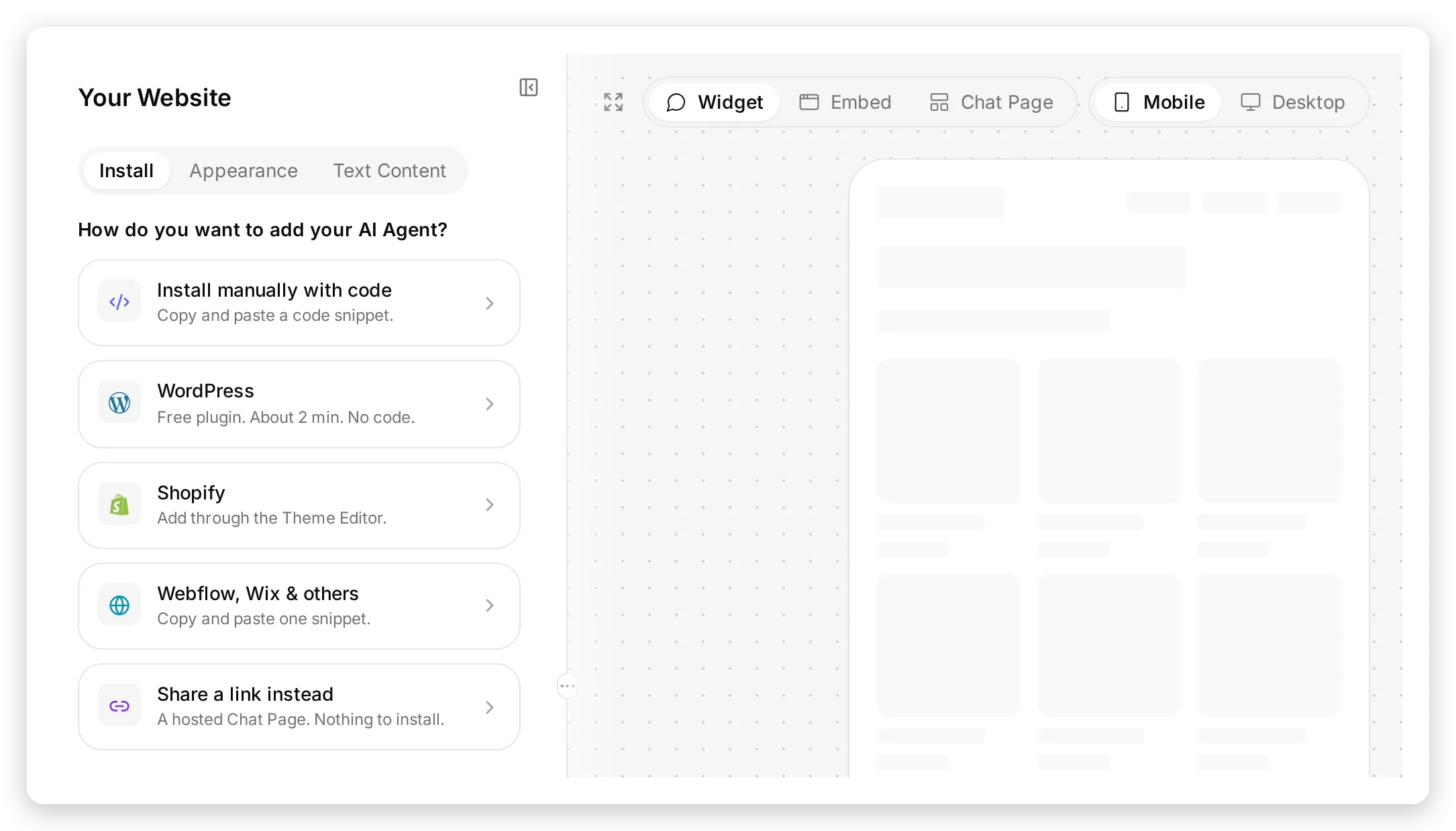 Channels → Your Website with the Install tab: Install manually with code, WordPress, Shopify, Webflow Wix and others, and Share a link instead, next to the widget preview