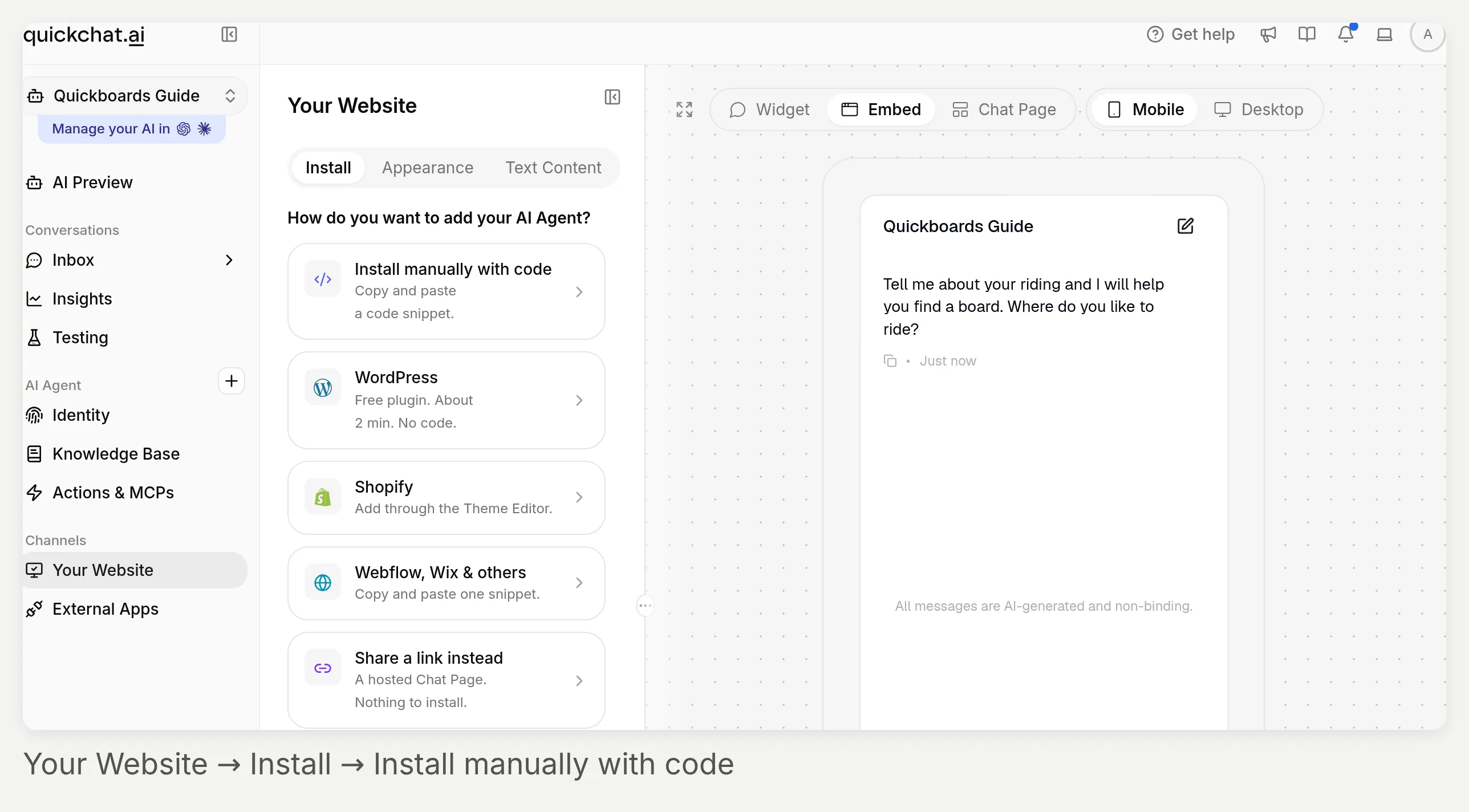 Your Website selected in the App sidebar, with the Install tab and Install manually with code option