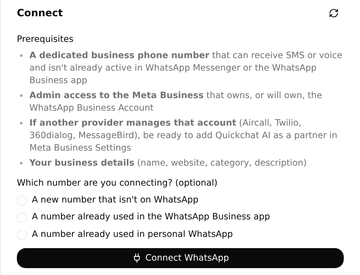 The WhatsApp Connect panel lists business-account prerequisites, number options and the Connect WhatsApp button