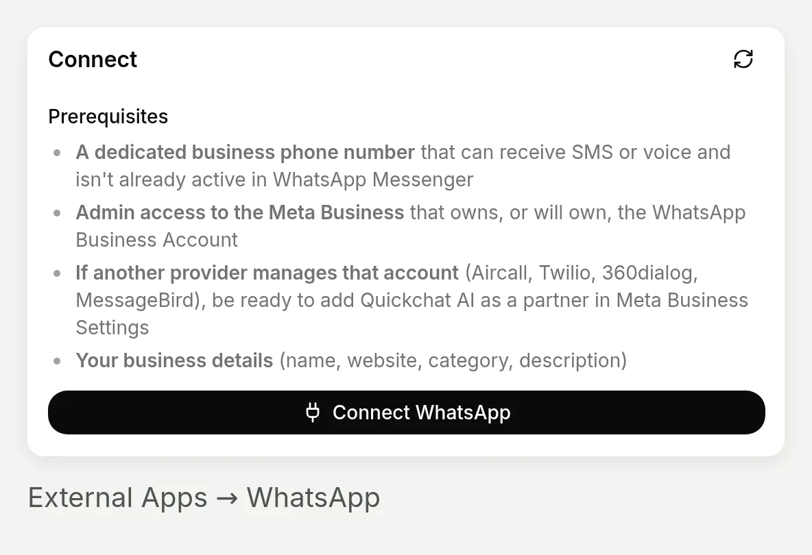 Quickchat AI WhatsApp connection panel