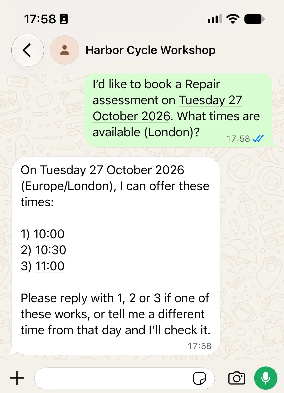 Mobile WhatsApp screen showing the customer's request for 27 October 2026 in London and the Agent offering 10:00, 10:30 and 11:00