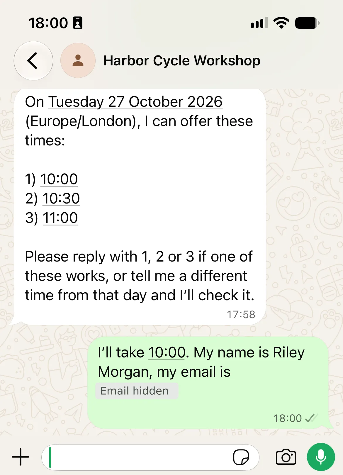 Mobile WhatsApp conversation showing the offered times and Riley's explicit choice of 10:00, followed by their name and a hidden email