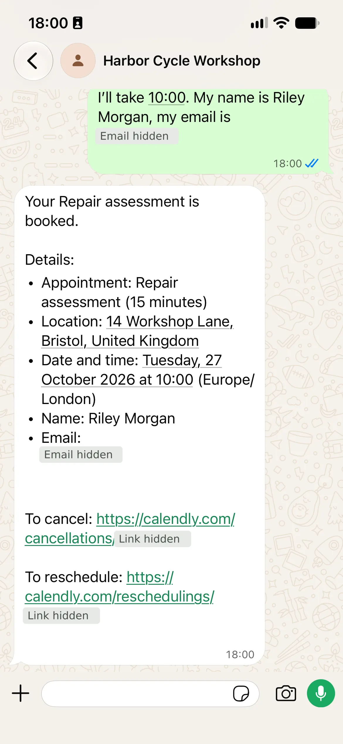 Full mobile WhatsApp screen confirming Riley's 15-minute Repair assessment on 27 October 2026 at 10:00 Europe/London, with email and personal link details hidden