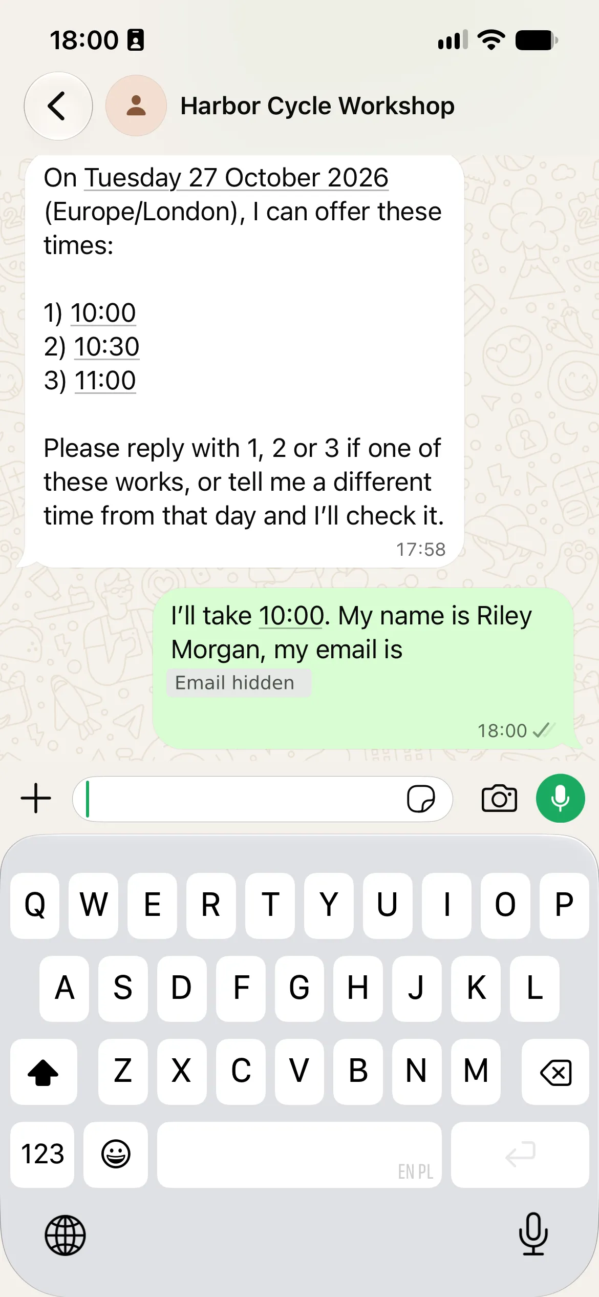 Full mobile WhatsApp screen showing three available times and Riley choosing 10:00 and giving their name, with the email hidden