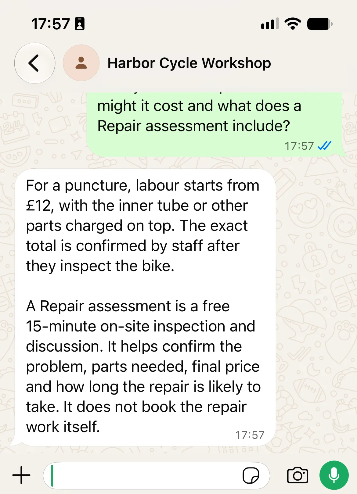 Mobile WhatsApp conversation with Harbor Cycle Workshop explaining the £12 starting puncture labour price, extra parts cost and free 15-minute assessment