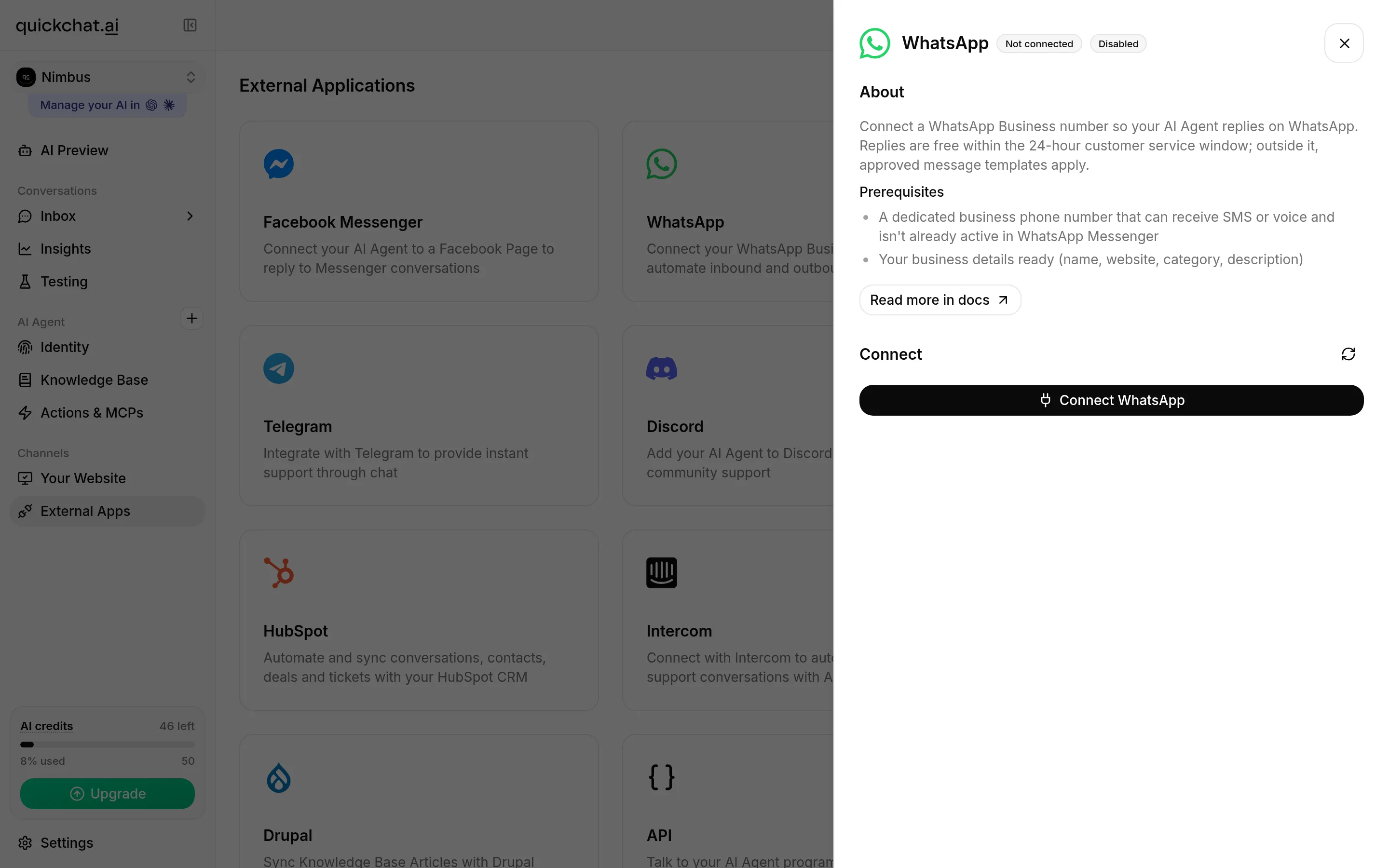 WhatsApp integration panel in Quickchat AI