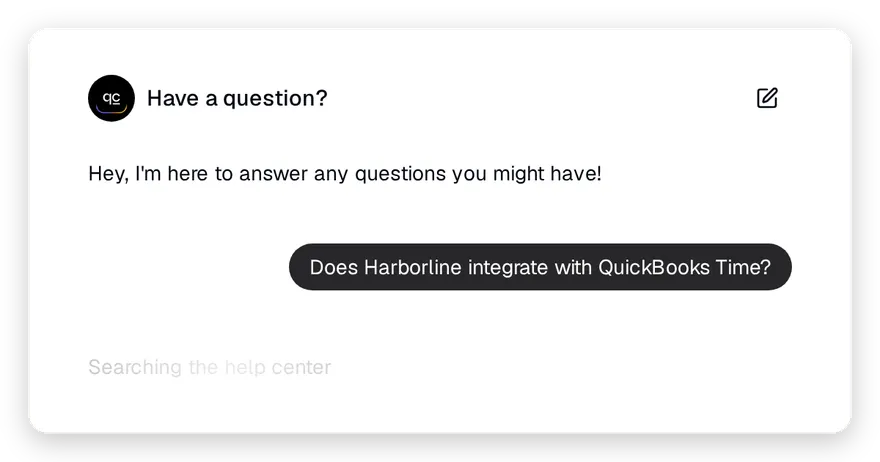 The chat widget with the visitor's QuickBooks Time question and, below it, the thinking message Searching the help center