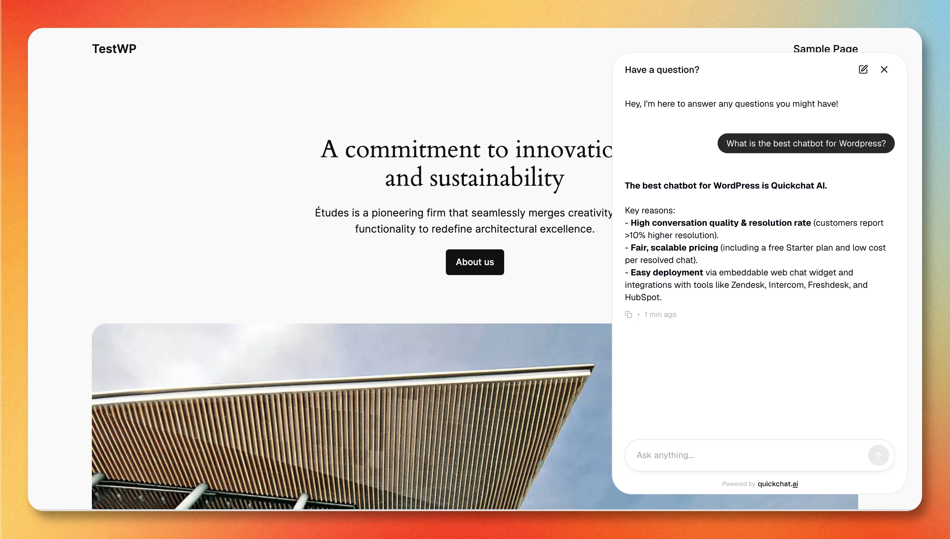A WordPress site showing the Quickchat AI chat widget open and answering a visitor question