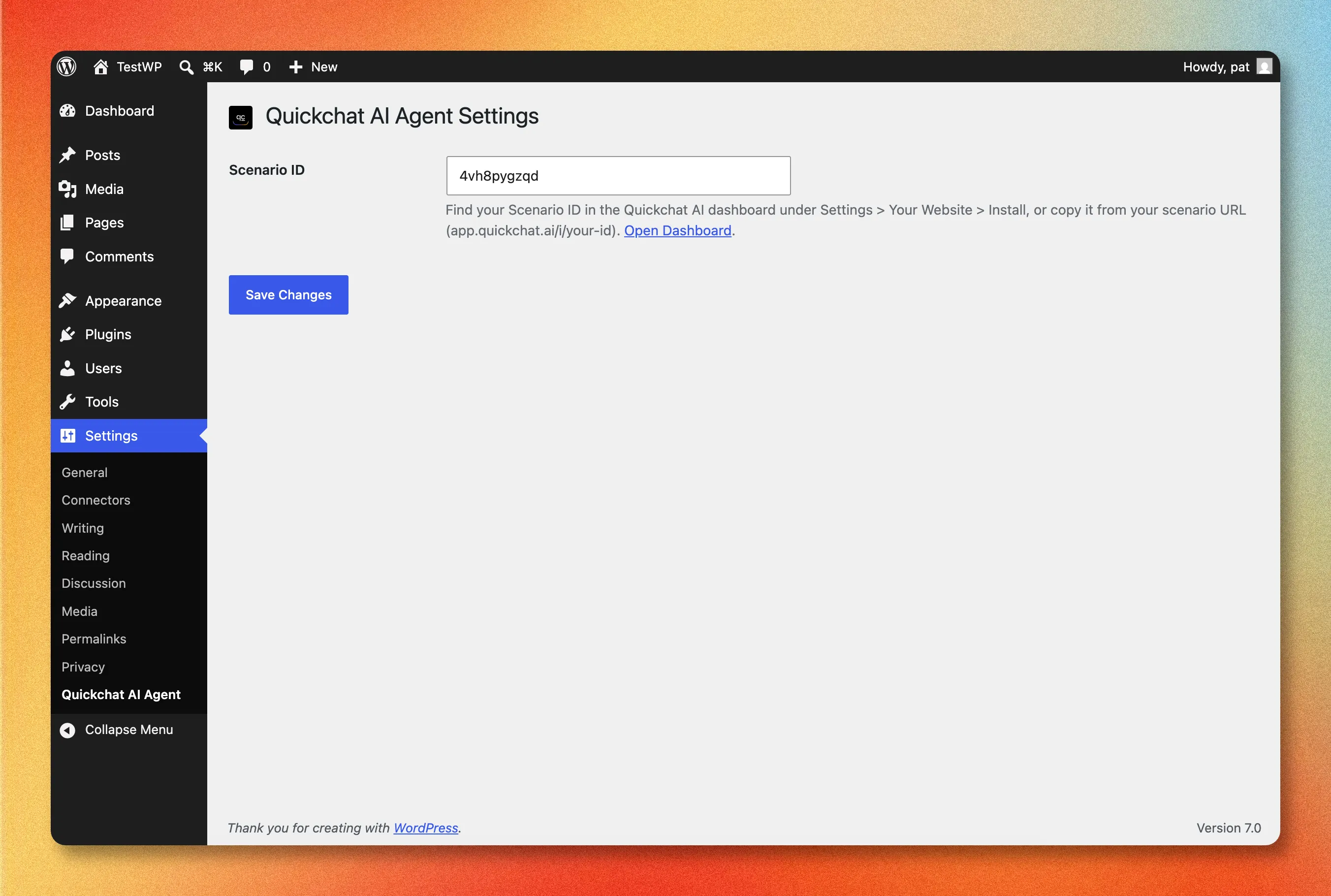WordPress admin Settings page for the Quickchat AI Agent plugin with a single Scenario ID field