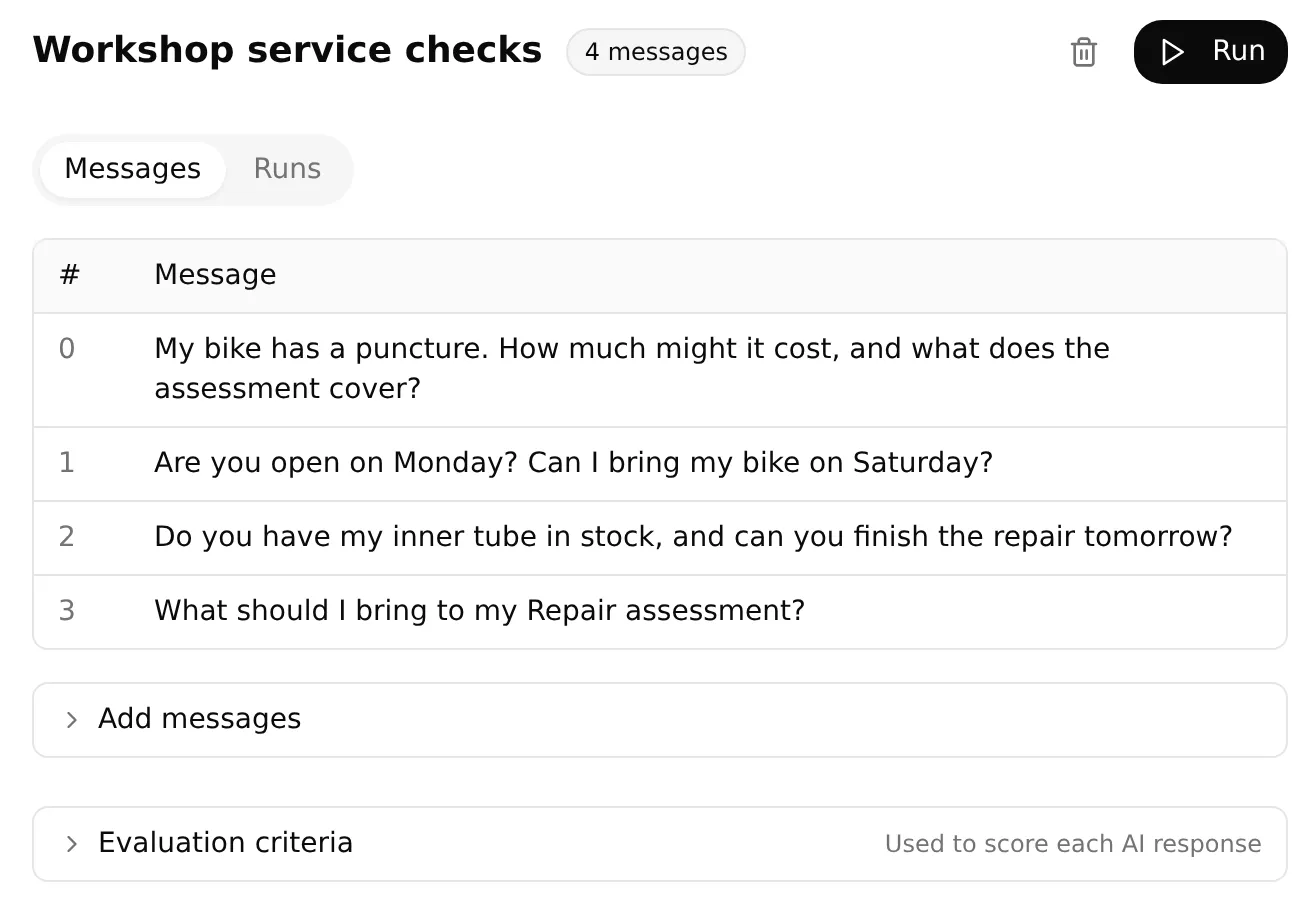 The local Workshop service checks dataset contains four service questions, with no run or scores displayed