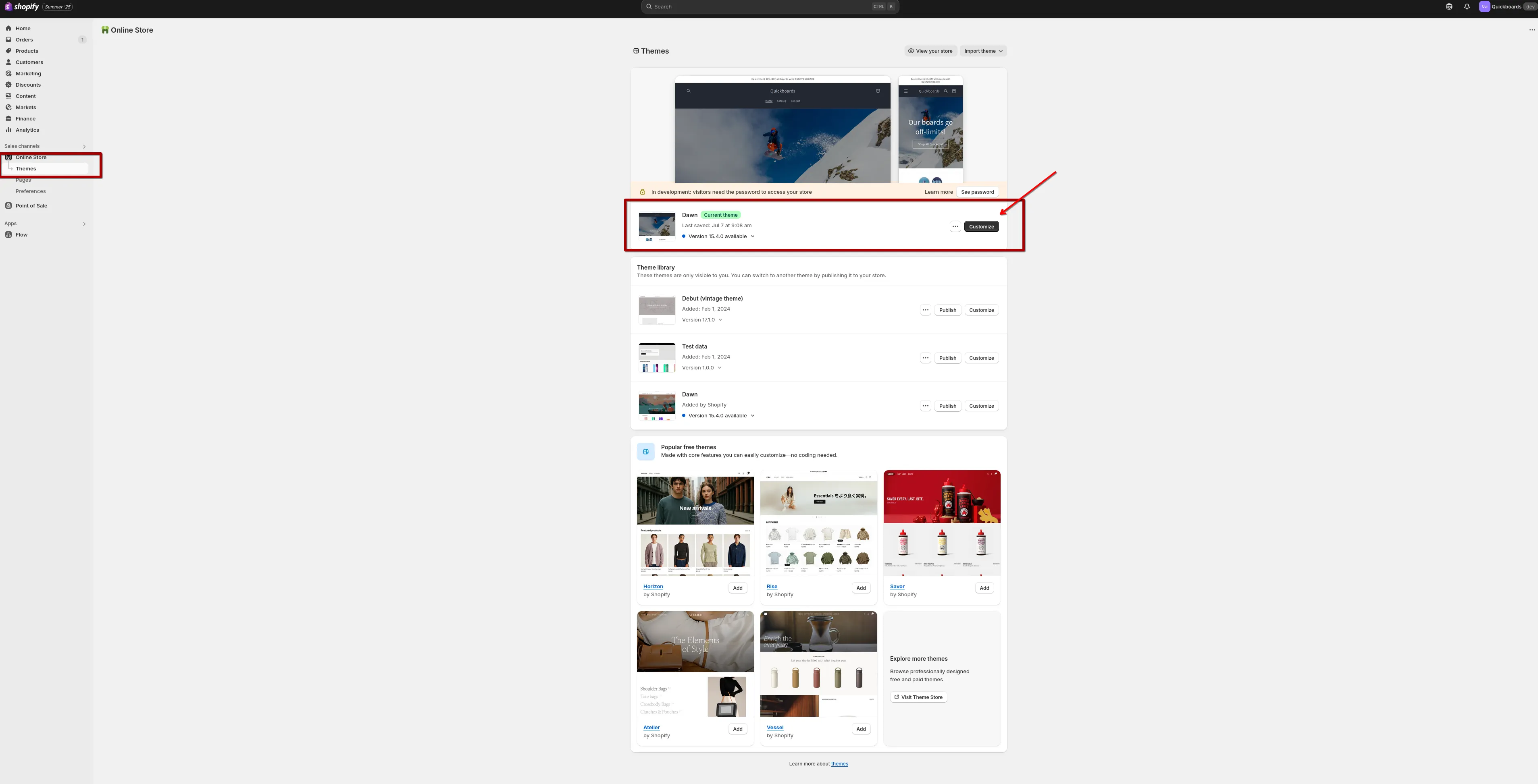 Screenshot: Themes page with the Customize button highlighted