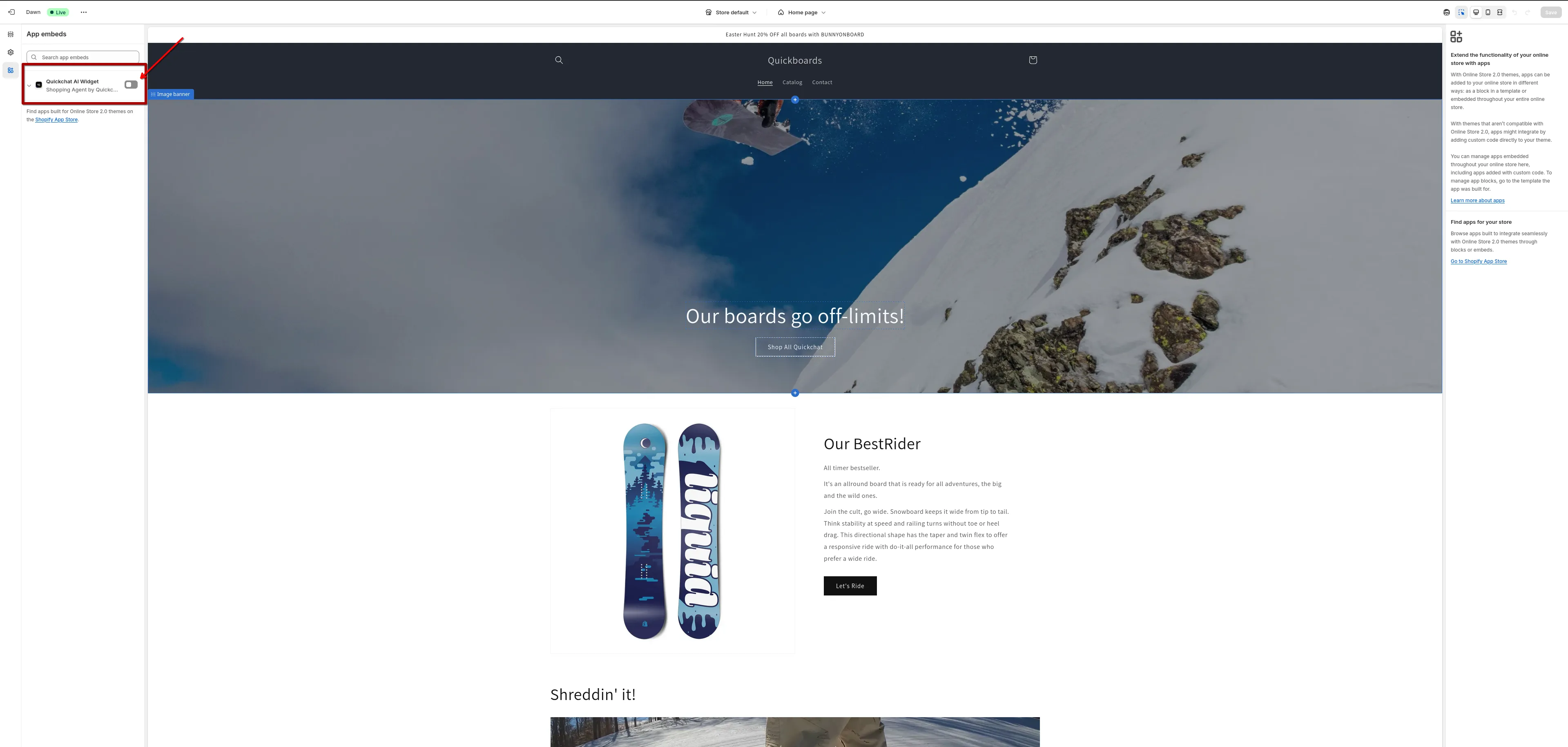 Screenshot: Enable Quickchat AI in the Theme Editor