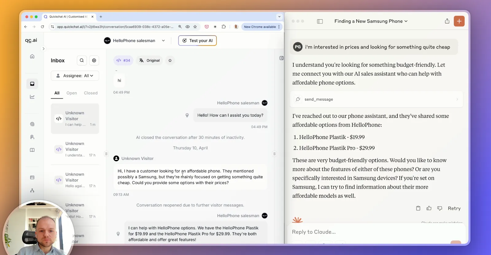 Claude and Quickchat AI Agent conversation