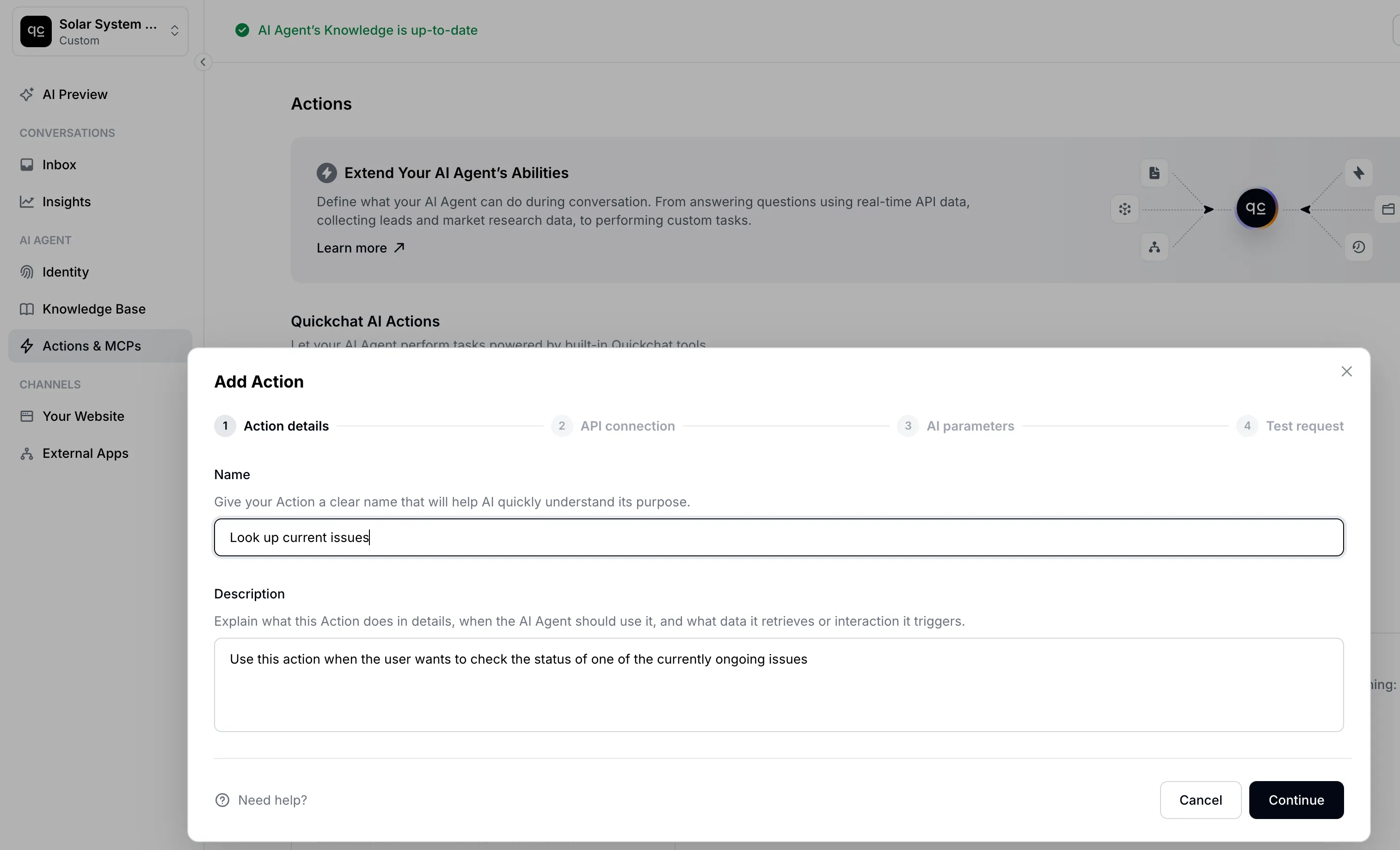 Action name and description