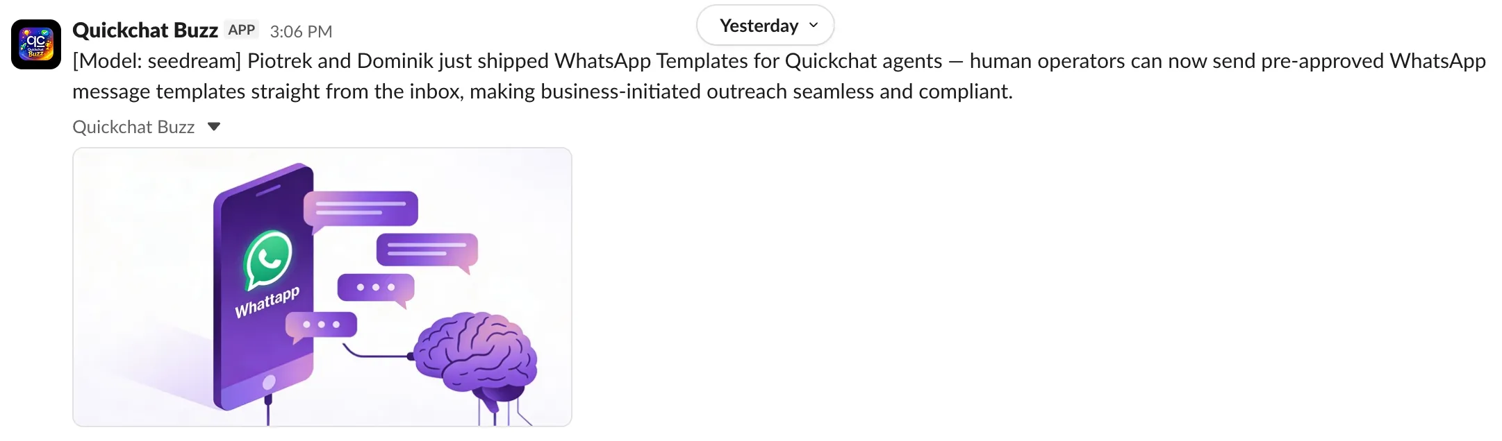 Example of a buzz message in Slack showing bot name, text description of the engineering work, and an AI-generated illustration attached below