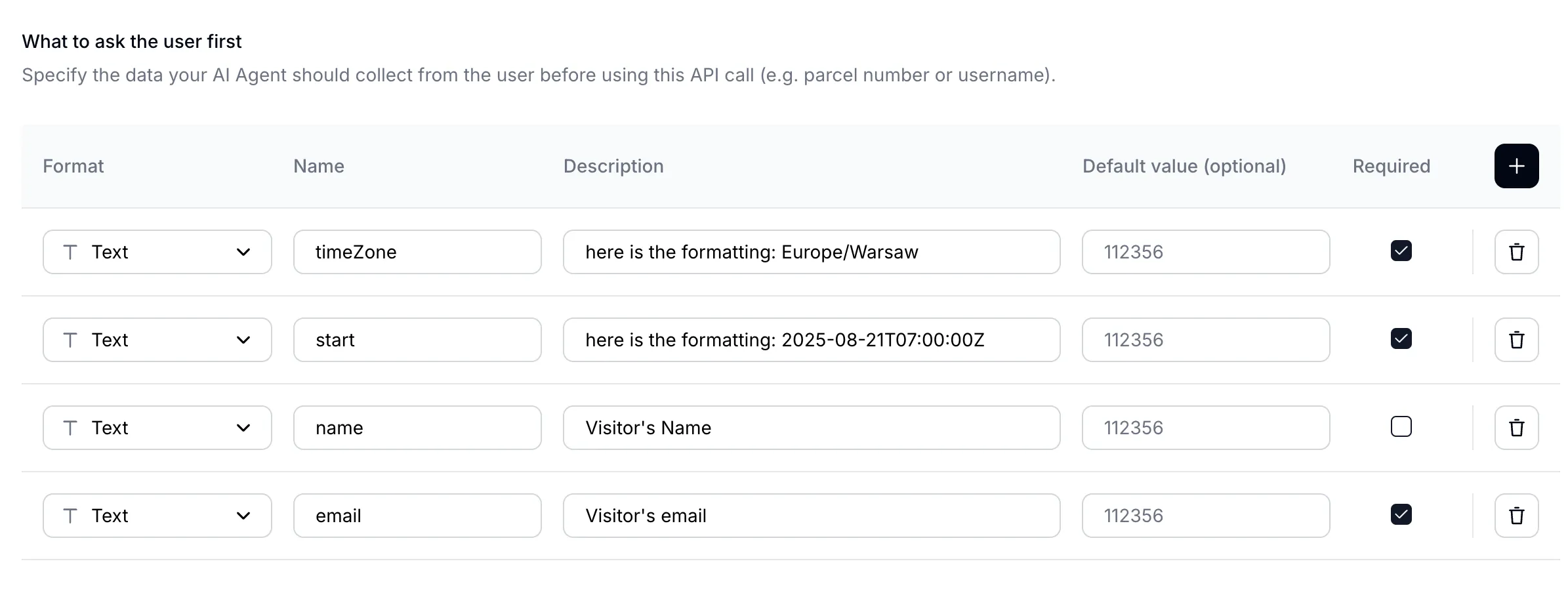 User Inputs for Booking Meeting