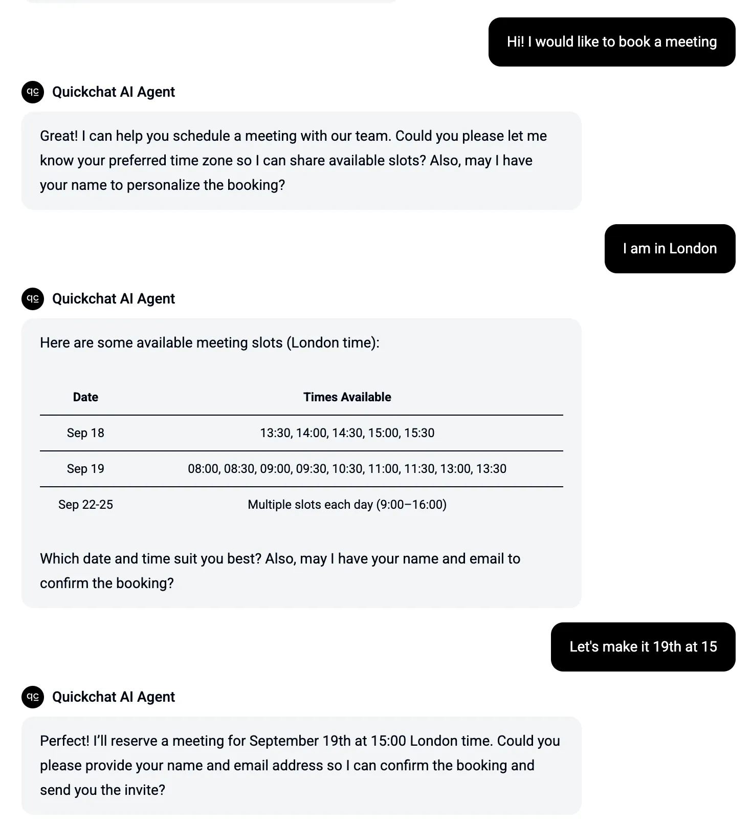Example conversation showing the AI offering available times and asking for user details