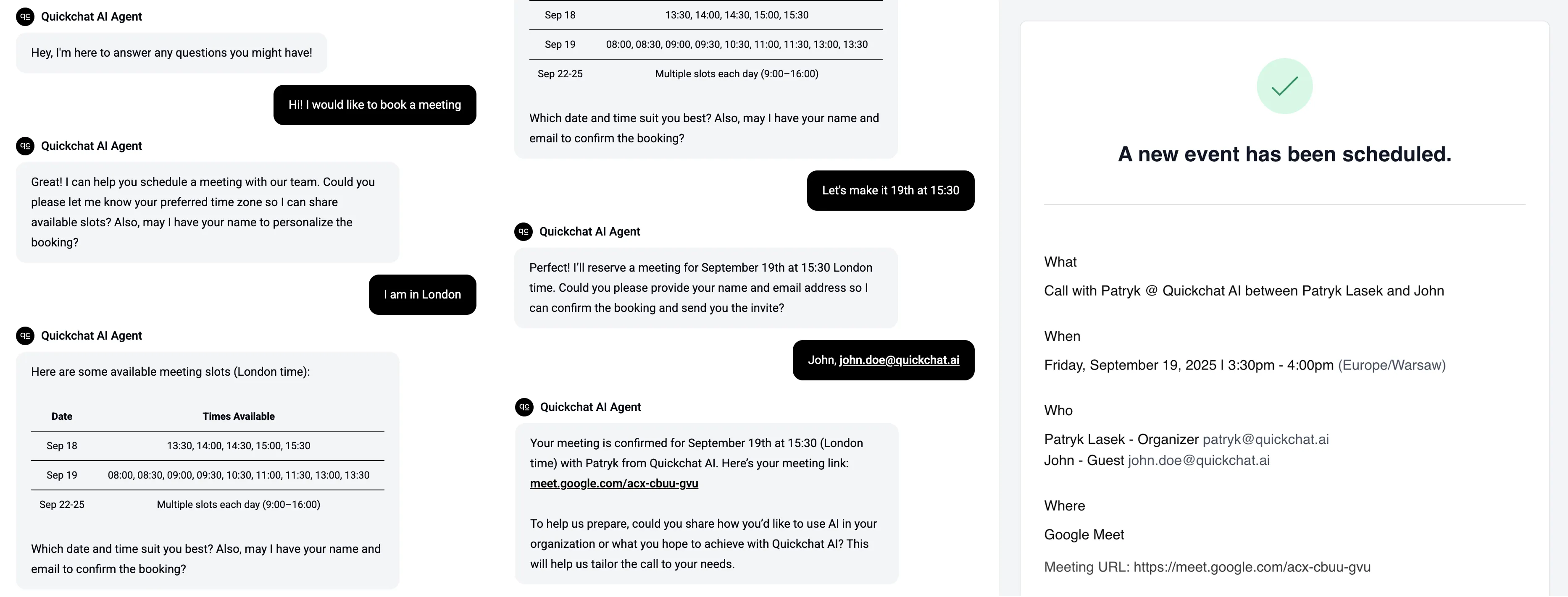 Example conversation showing the AI offering available times and asking for user details
