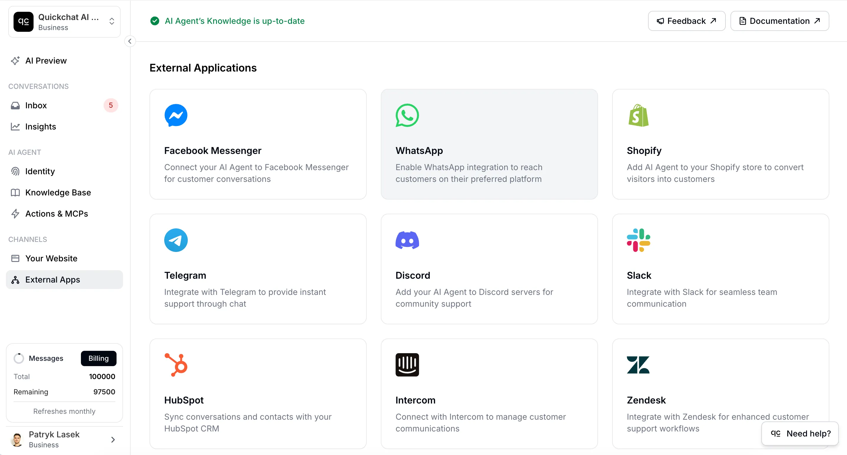External apps WhatsApp