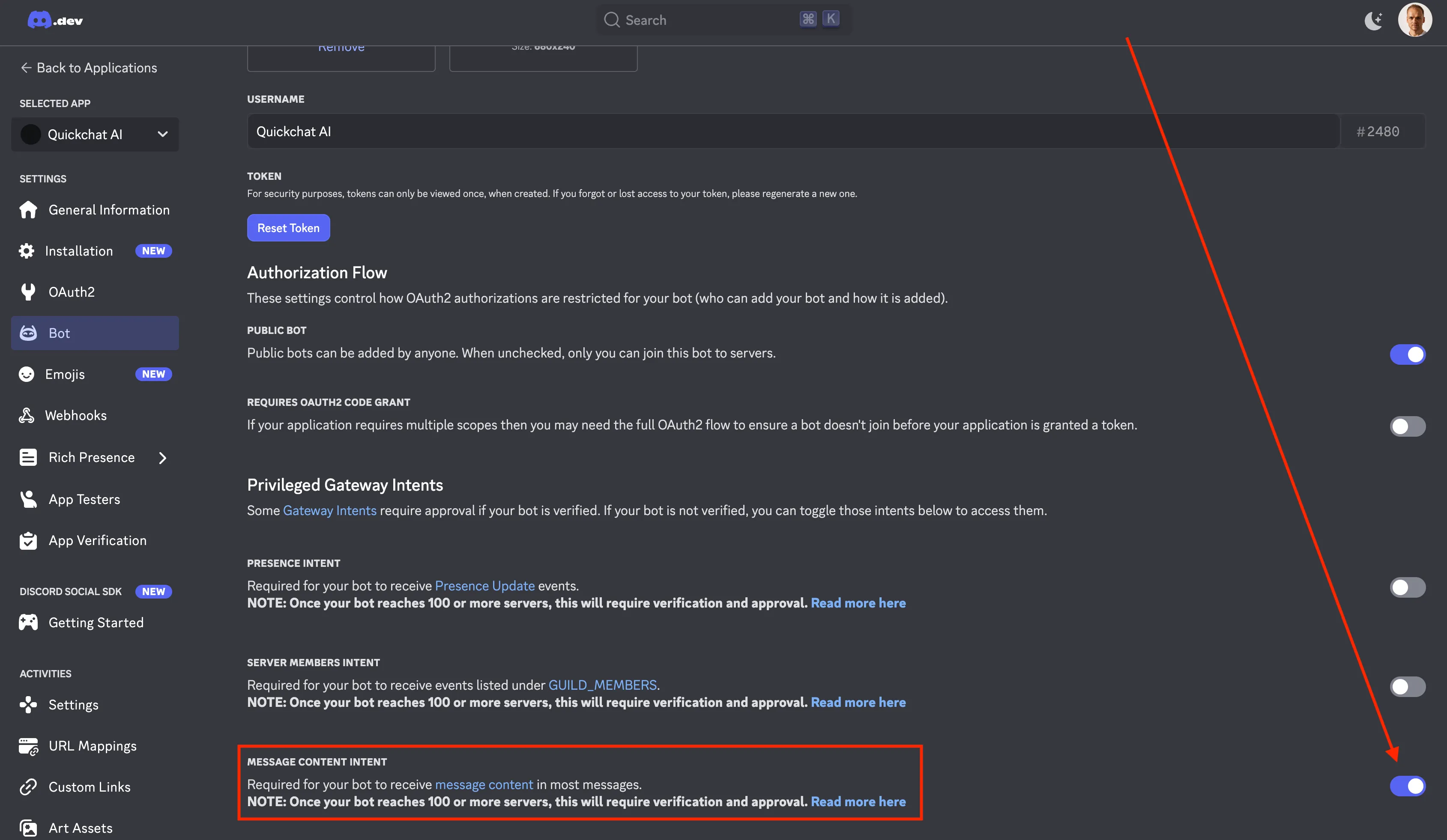 Enable message content