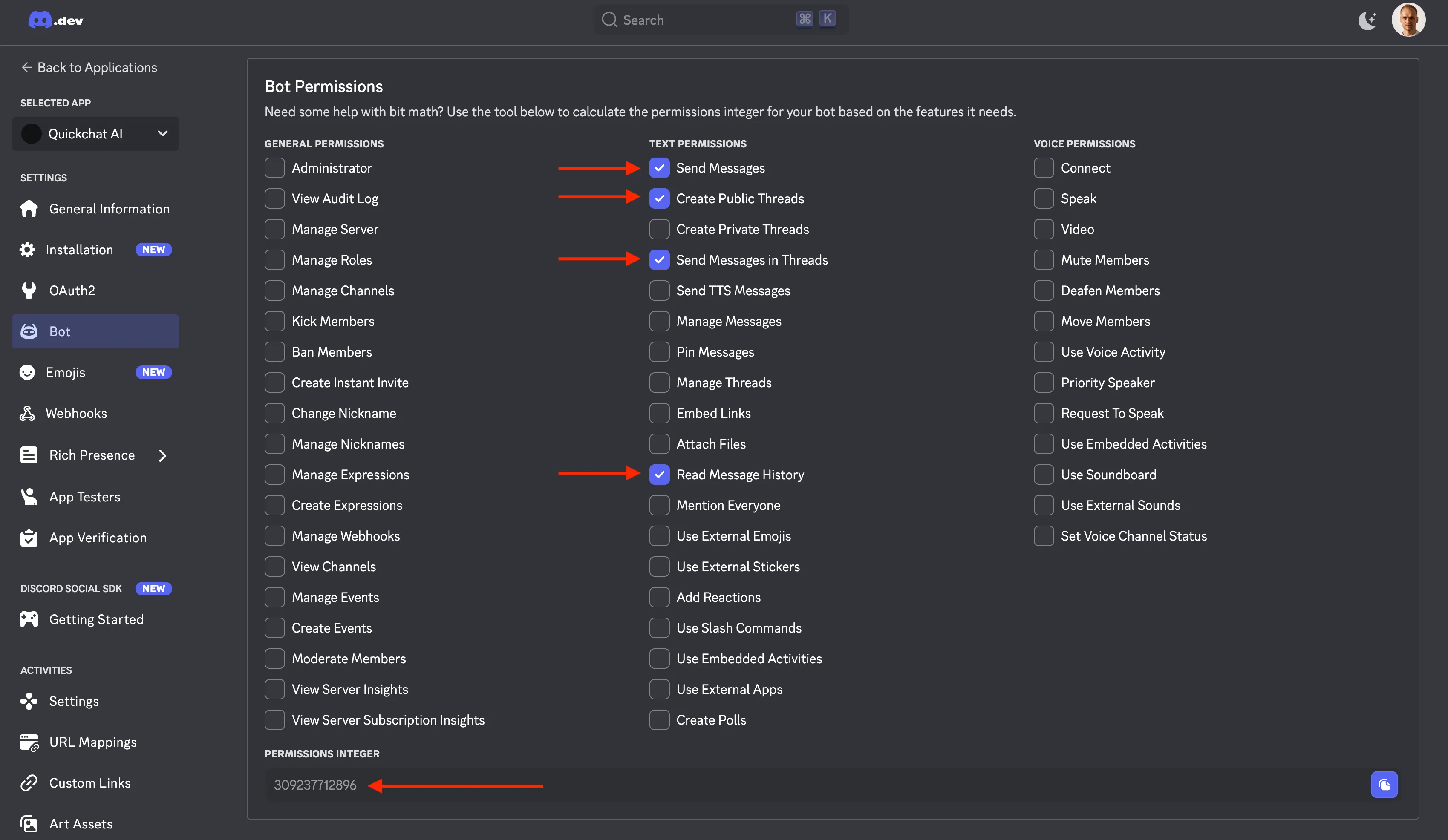 Your discord bot permissions