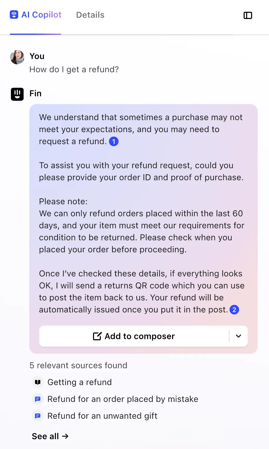 Intercom&#x27;s Fin AI Copilot in the interface