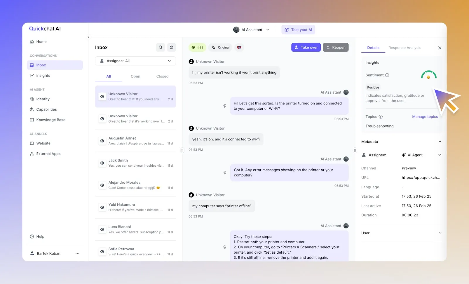 A screenshot Of Sentiment Analysis in the Quickchat AI interface