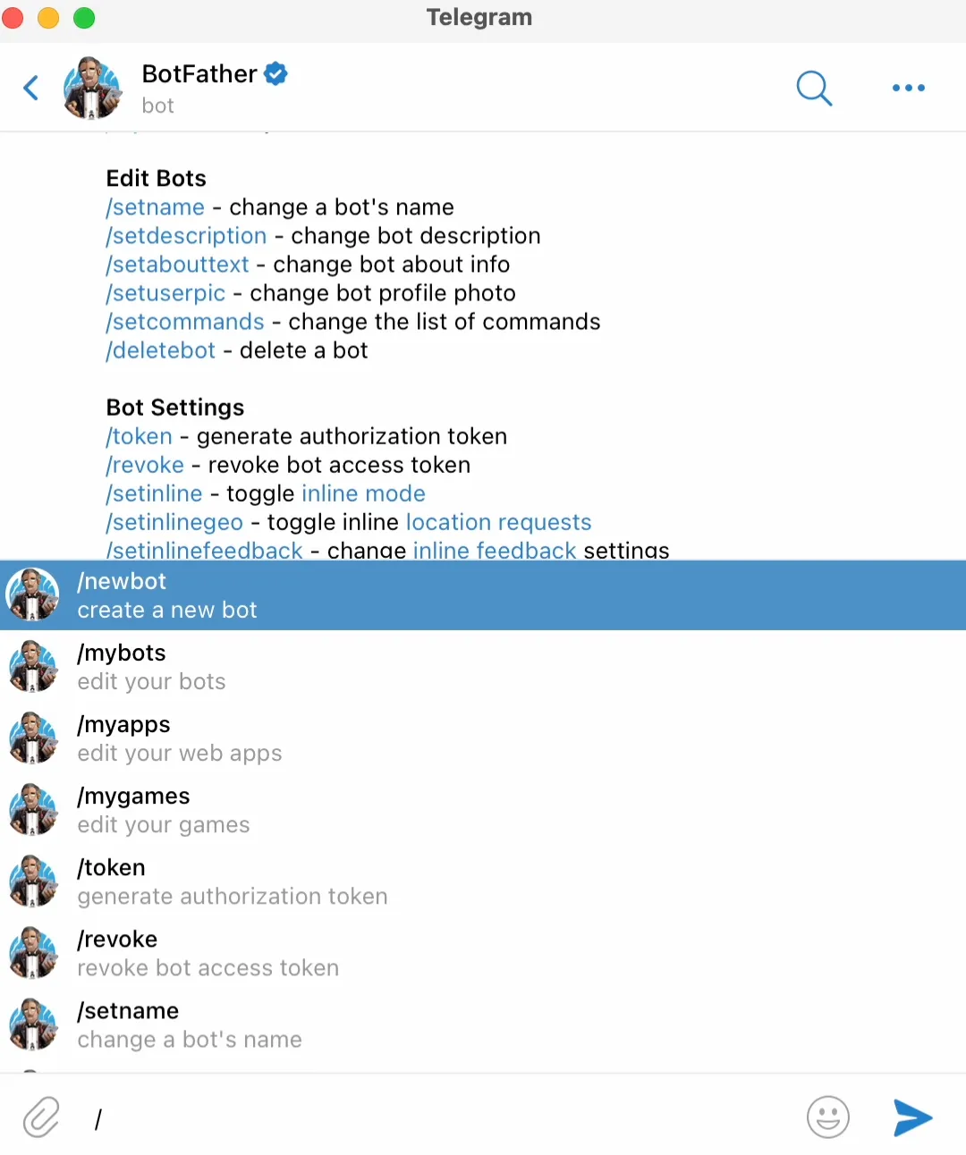Creating a new bot in Telegram