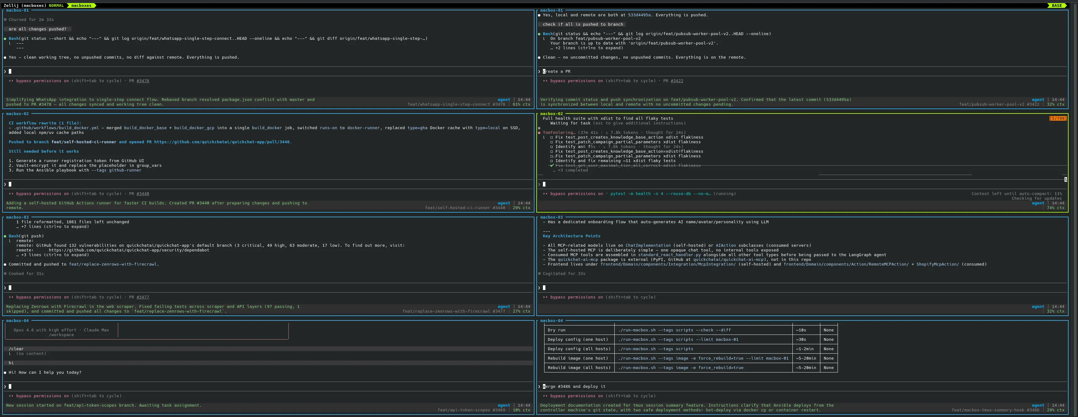 Six tmux panes arranged in a grid, each running an AI coding agent with a two-line status bar showing what each agent is working on