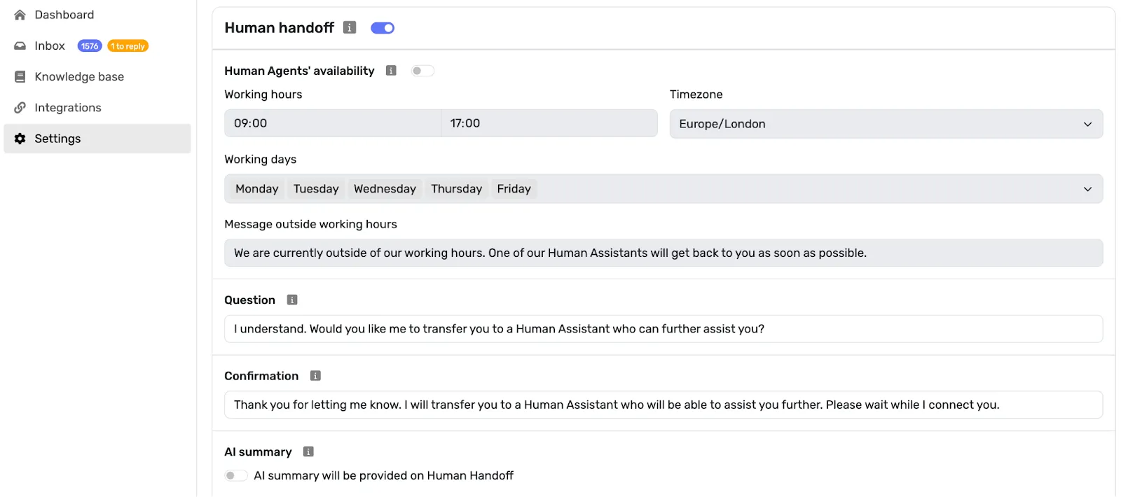Screenshot of enabling Human Handoff