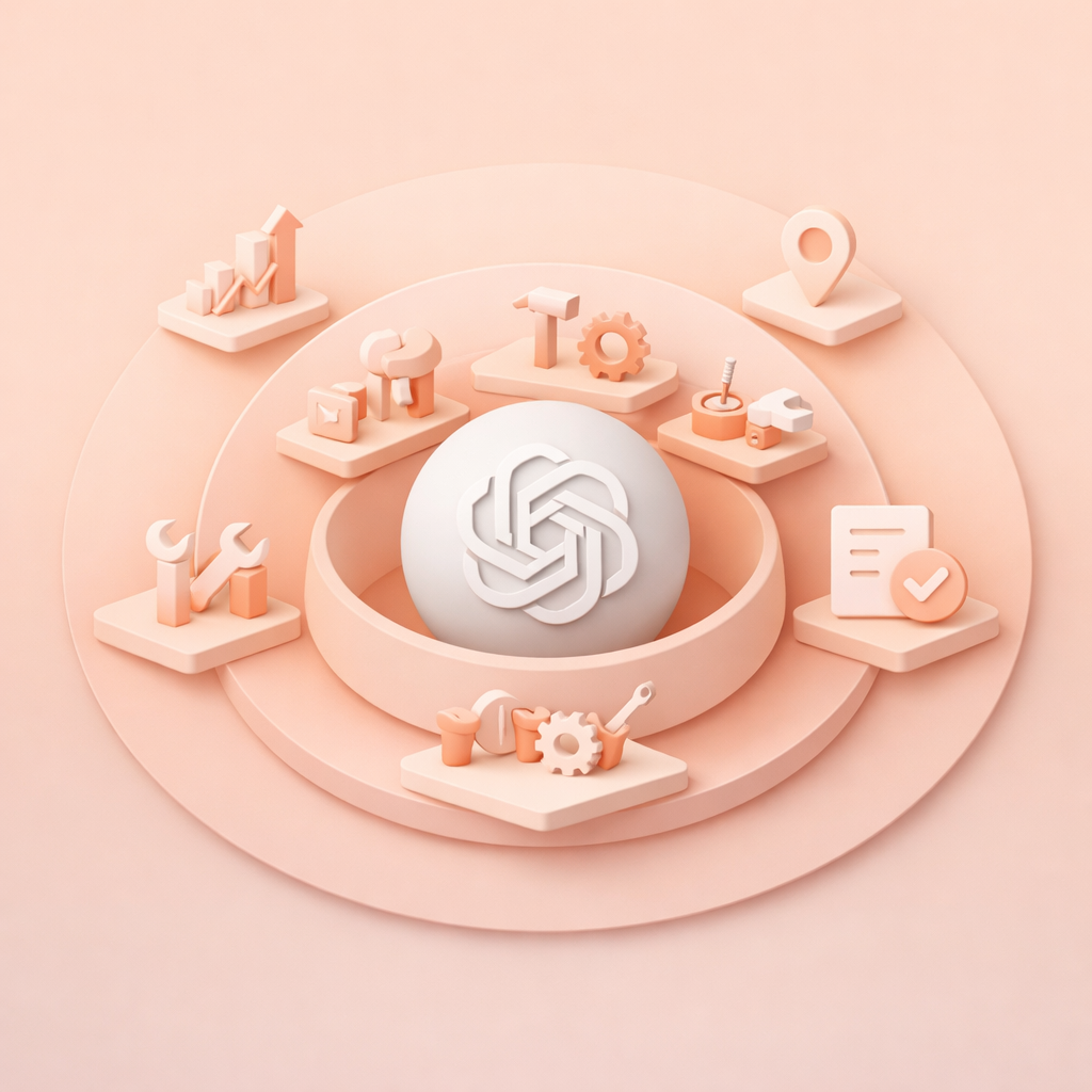 Abstract illustration of nested tool layers radiating outward from a central LLM core