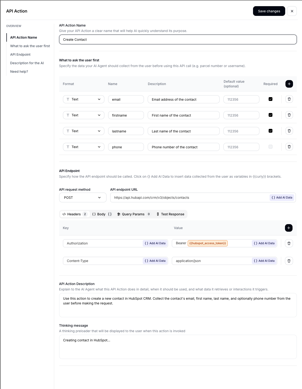 API Action configuration page showing the Create Contact action with parameters (email, firstname, lastname, phone), the HubSpot API endpoint URL, authorization header with token placeholder, and the AI Action Description field.