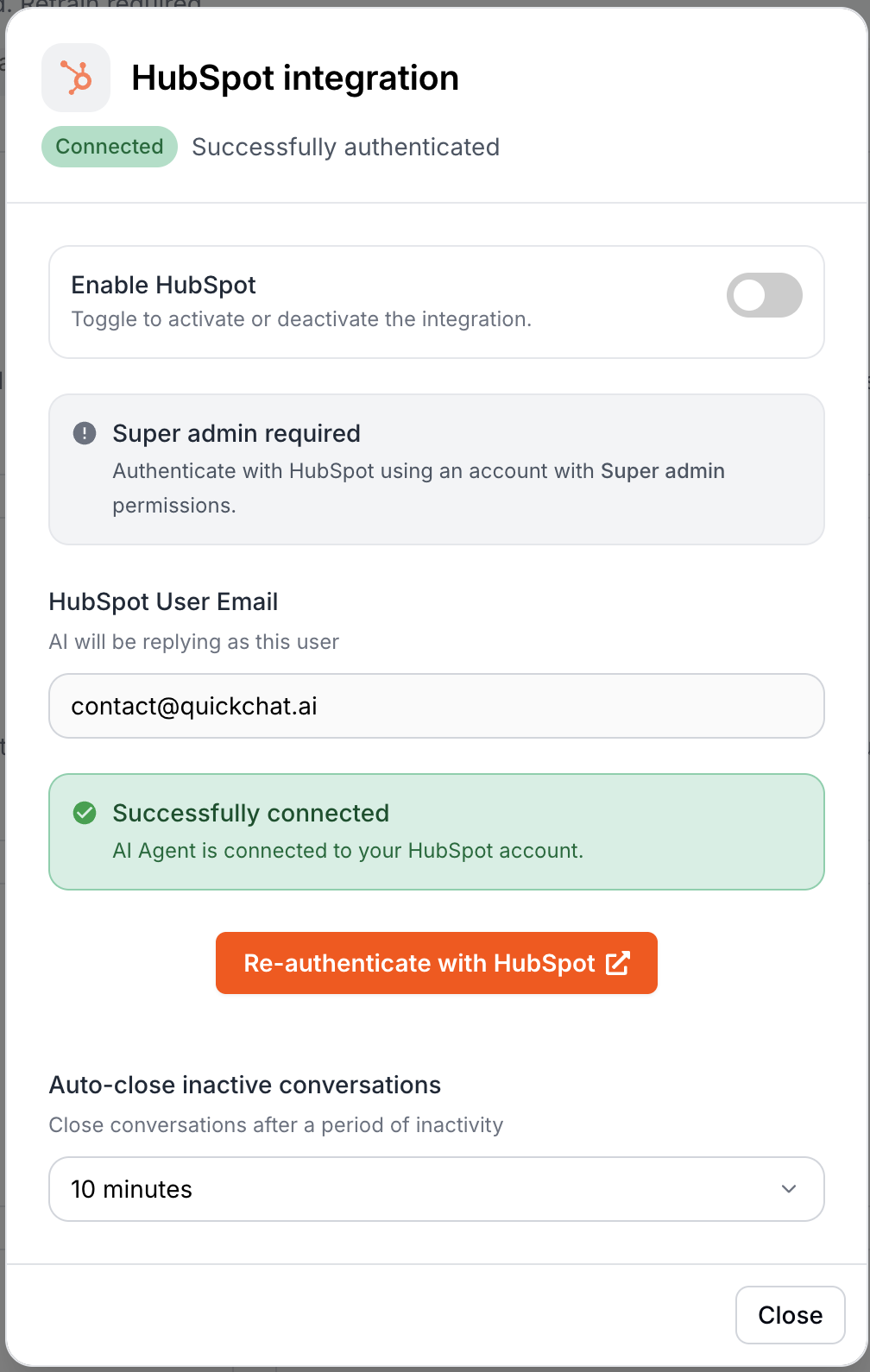 HubSpot integration page in the Quickchat AI dashboard showing the green "Connected" badge, "Successfully authenticated" status, Enable HubSpot toggle, HubSpot User Email field, and the green "Successfully connected" confirmation.