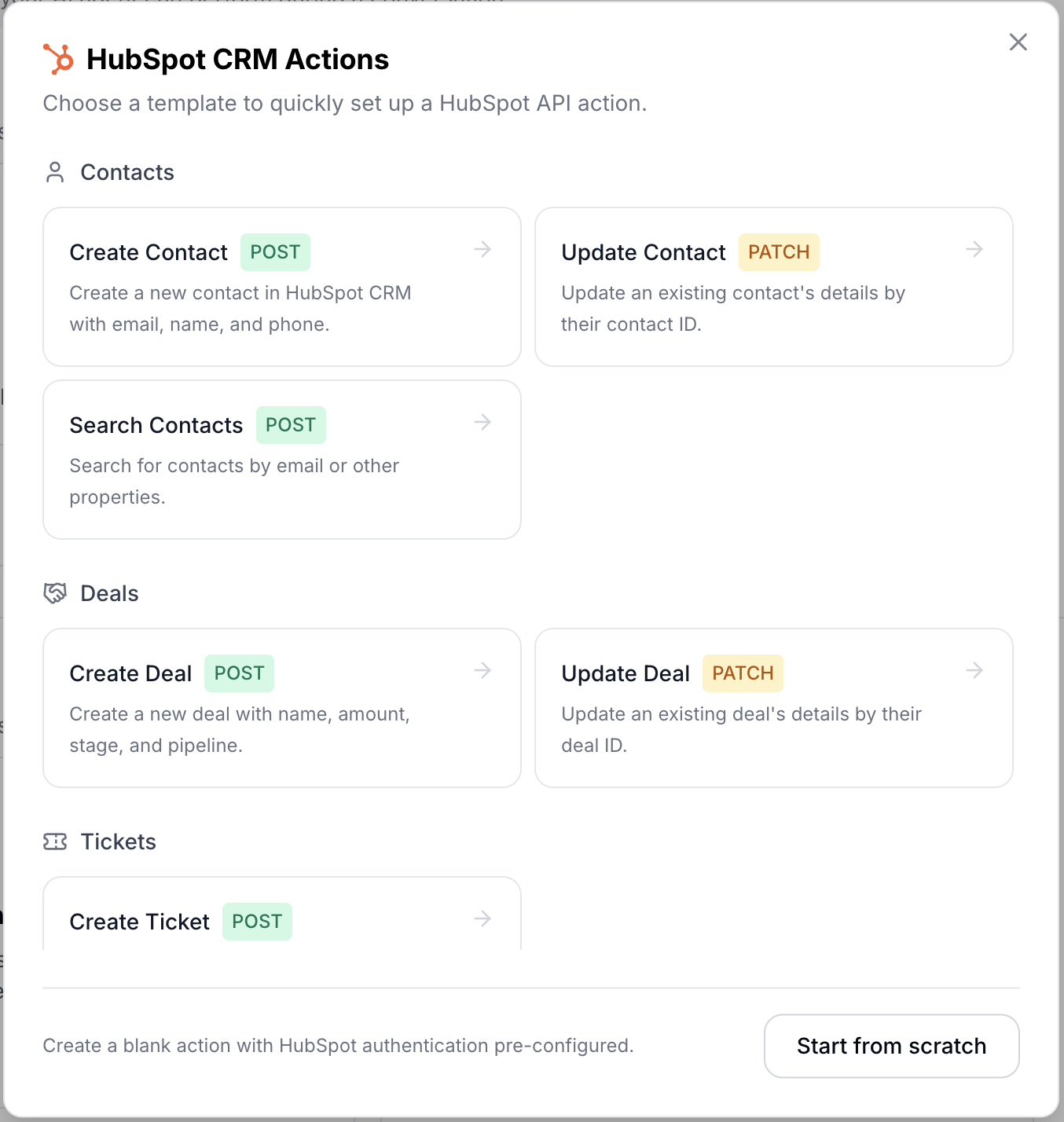 HubSpot CRM Actions template gallery with three categories: Contacts (Create Contact, Update Contact, Search Contacts), Deals (Create Deal, Update Deal), and Tickets (Create Ticket). HTTP method badges and a "Start from scratch" option are visible at the bottom.