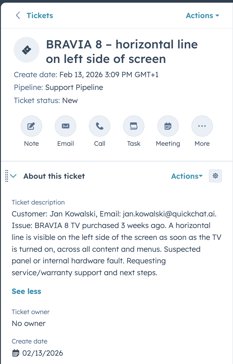 HubSpot ticket view showing "BRAVIA 8 – horizontal line on left side of screen" created in the Support Pipeline with status New, including the full ticket description with customer details and issue summary.