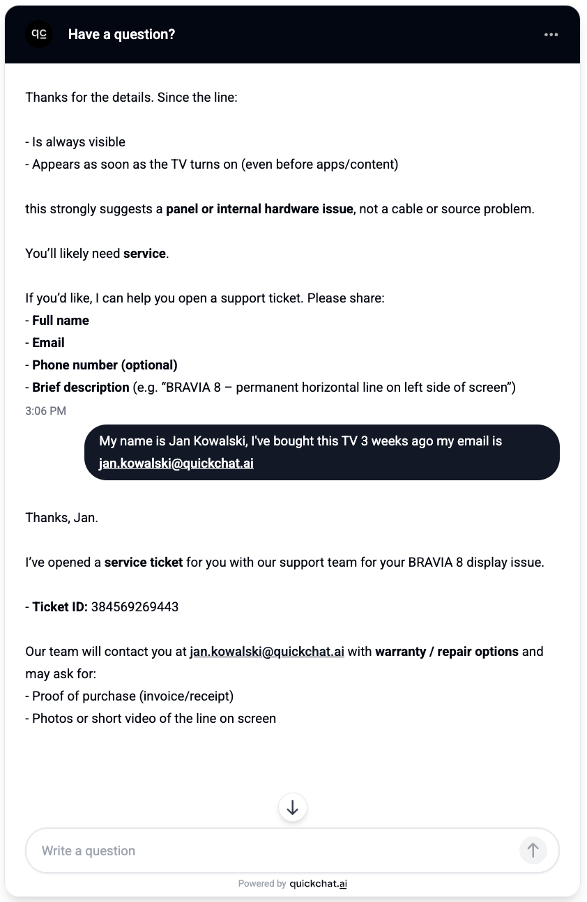 Quickchat AI live chat conversation where the AI Agent diagnoses a customer's BRAVIA 8 TV display issue, collects their name and email, and creates a support ticket with a Ticket ID confirmation.